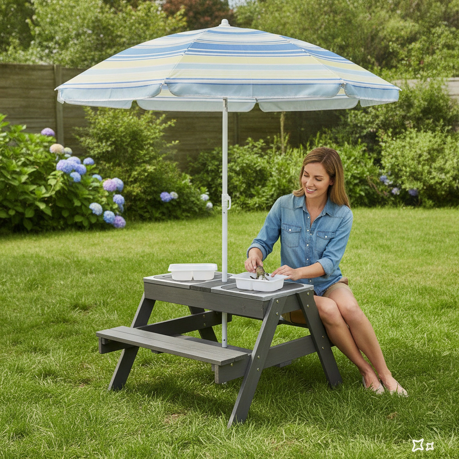 SUGIFT Kids Wooden Picnic Table with Benches, 3 Removable Bins and Adjustable 59-Inch Umbrella, Gray