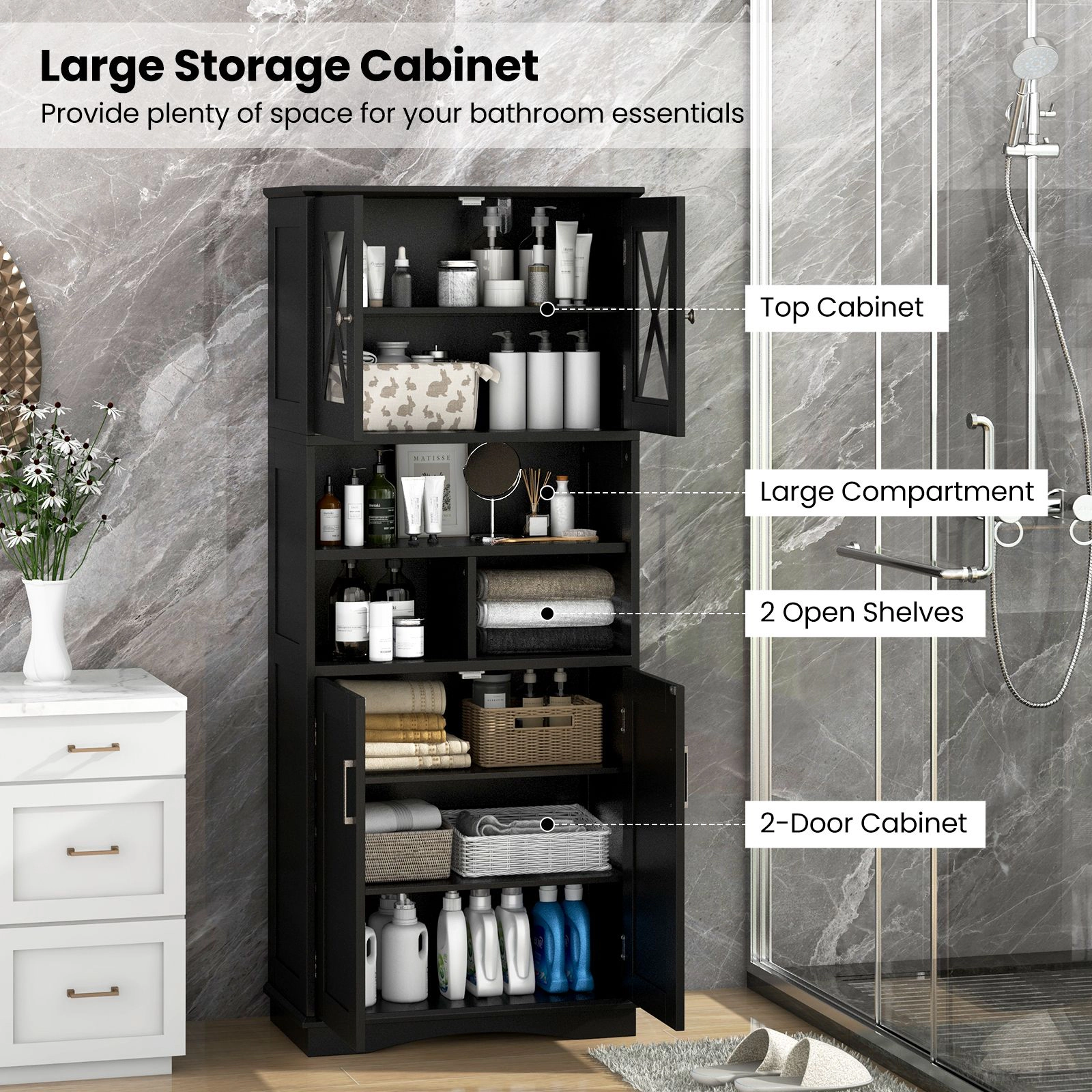 SlickBlue Multi-Use Storage Cabinet with Open Shelves for Home Organization