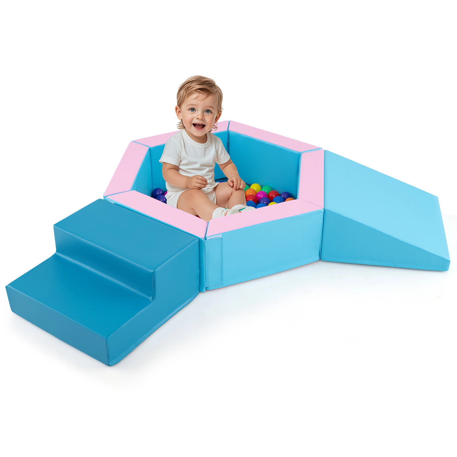SUGIFT 3-Piece Baby Foam Climbing Blocks Climb and Crawl Set with Ball Pit Ages 1+ Blue