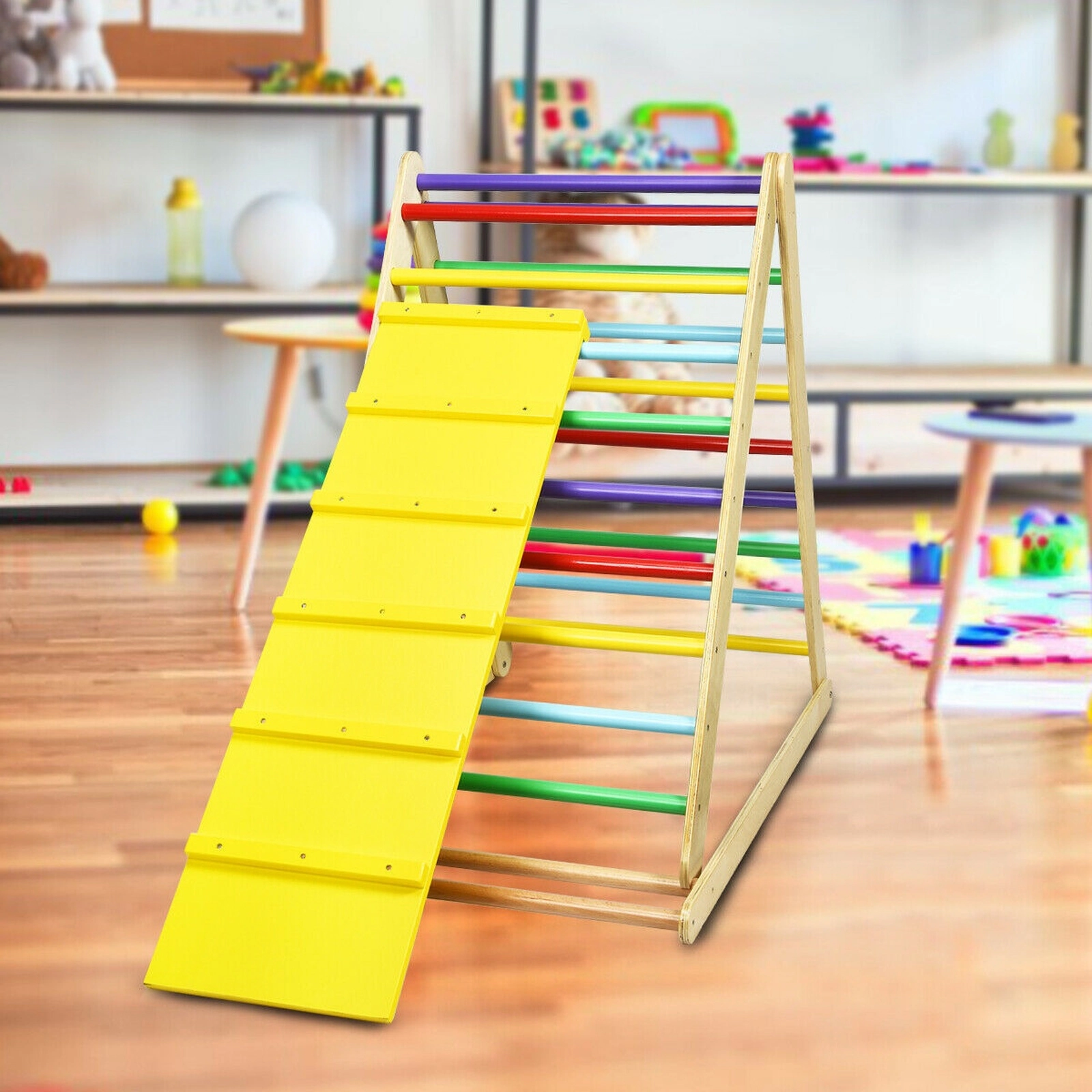 SUGIFT Foldable Wooden Climbing Triangle Ladder with Ramp 132-lb Capacity Ages 6 Months-6 Years Natural/Multicolor