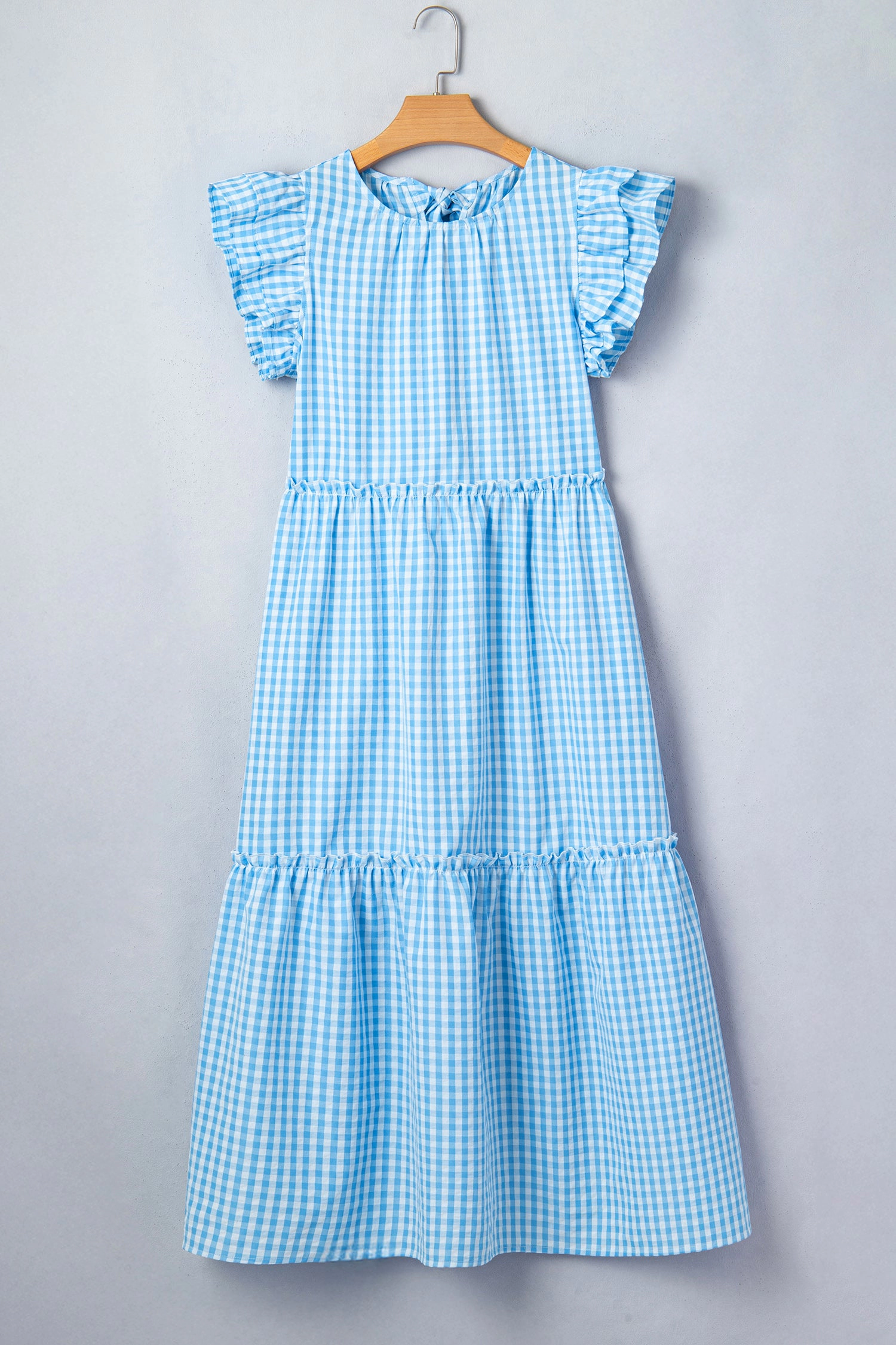 Threaded Pear Womens Deborah Sleeve Gingham Maxi Dress - Sky Blue