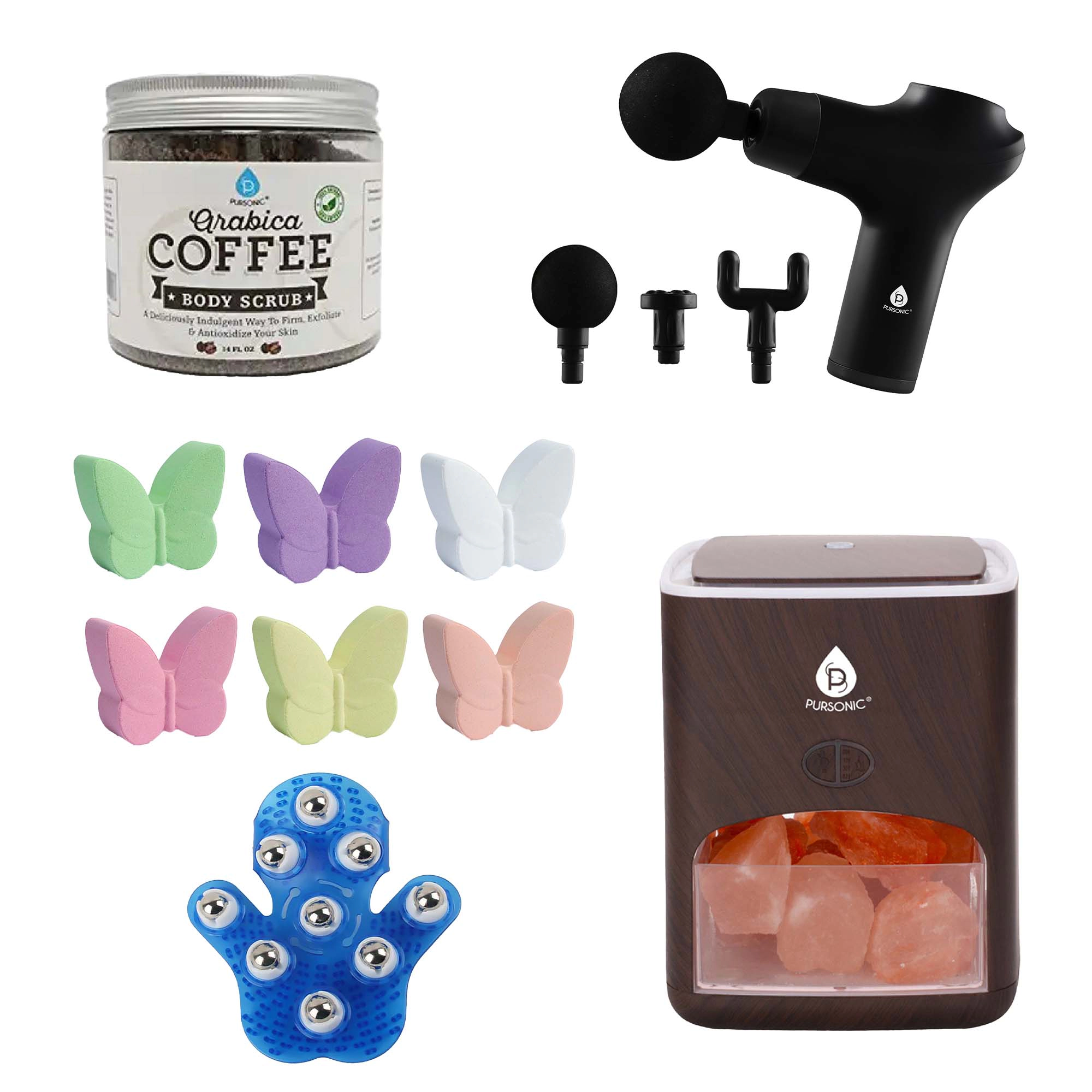 Pursonic Unisex At-Home Spa Essentials Bundle: Coffee Scrub, Salt Lamp Diffuser, Massage Gun, Bath Bombs & More