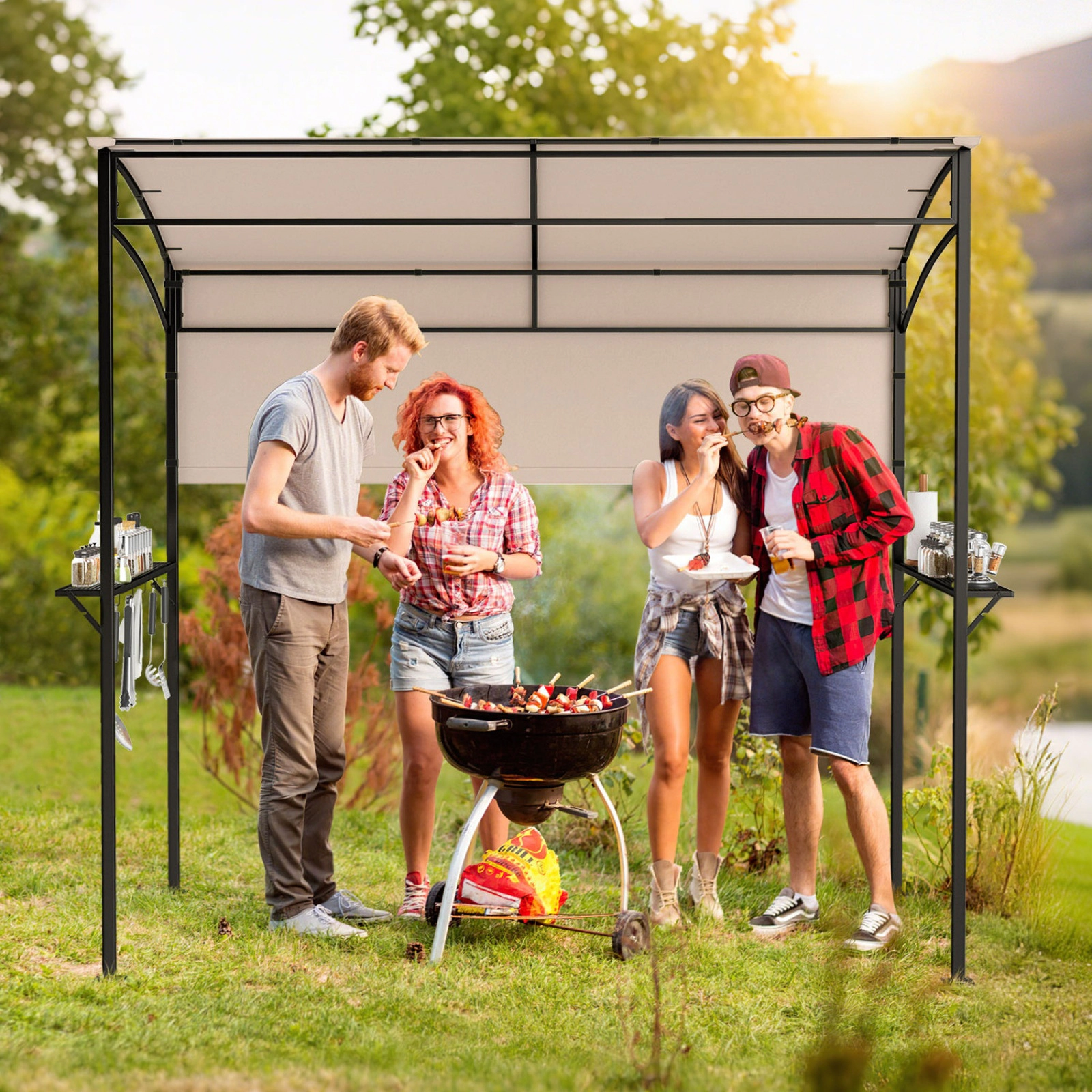 SUGIFT 7.8-ft x 4.4-ft Beige BBQ Grill Gazebo Canopy with 2 Metal Shelves 5 Hooks and 4 Bottle Openers