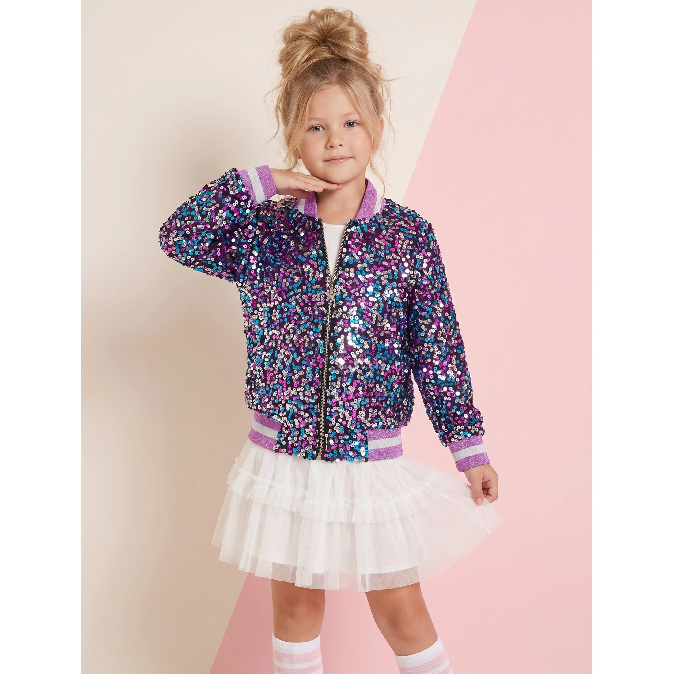 2Bunnies Girls' Amethyst Dream Multicolor Sequin Bomber Jacket