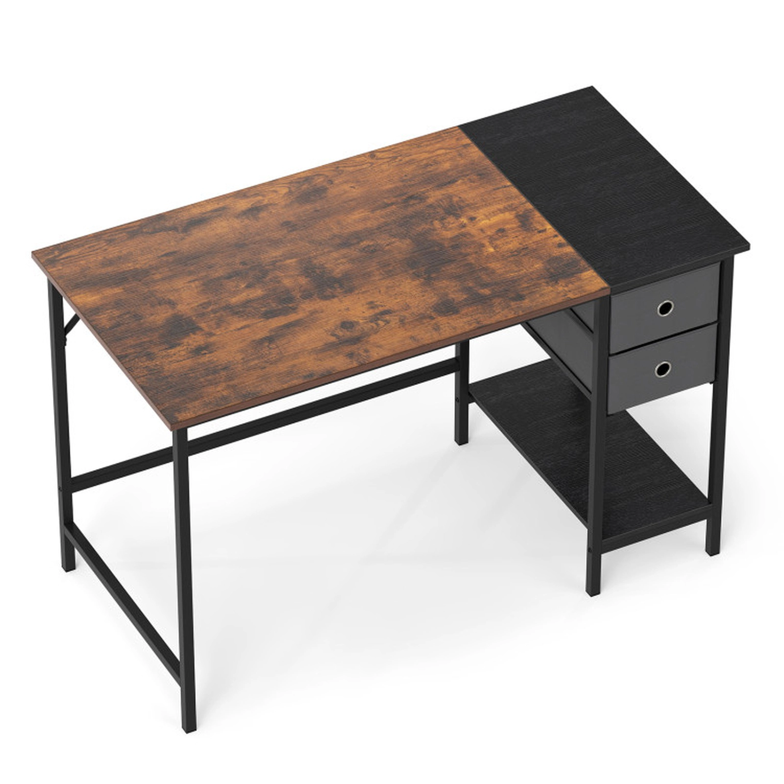 SUGIFT Industrial Computer Desk 2 Folding Fabric Drawers & Open Shelf 110-Lb Tabletop Capacity Rustic Brown Black Gray