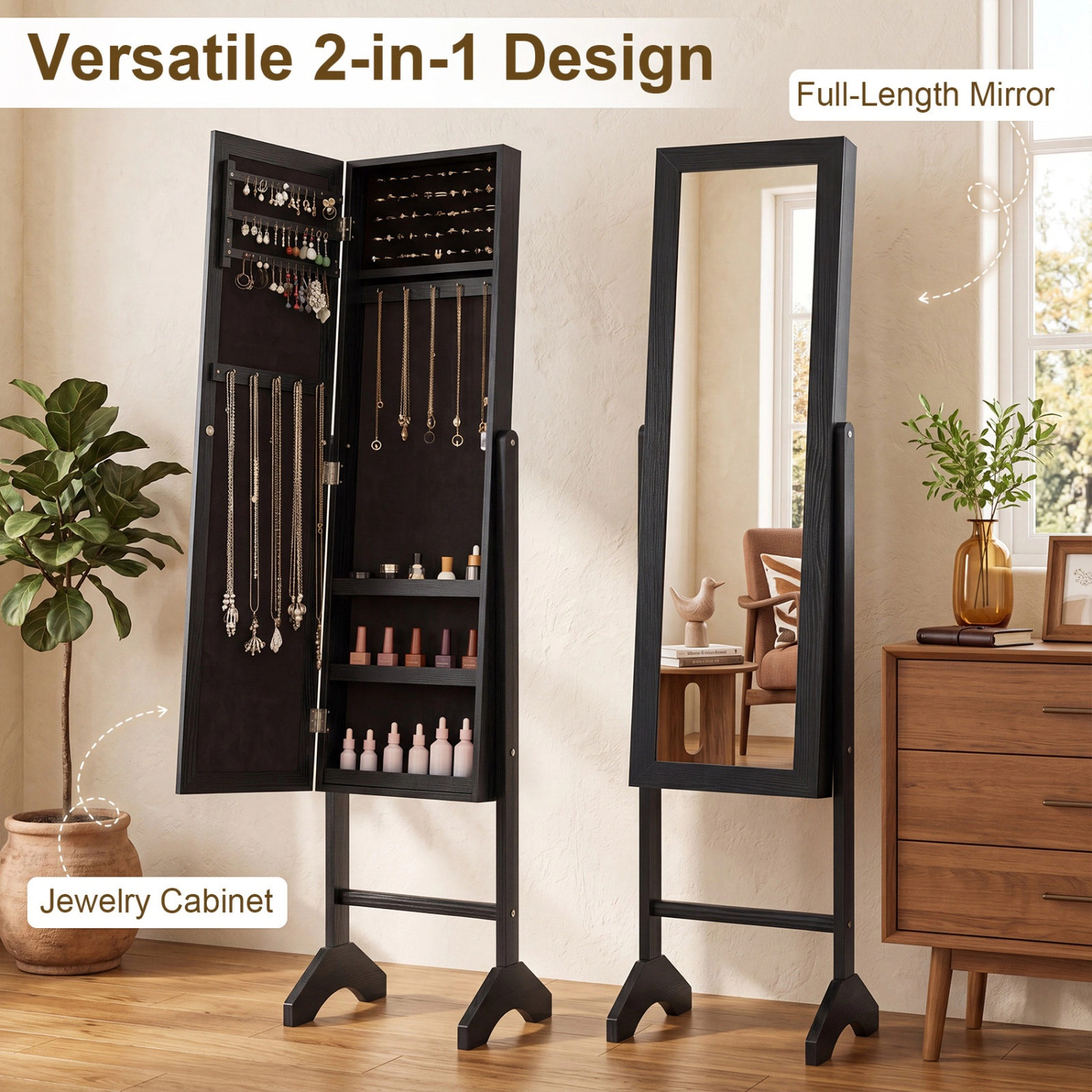 SUGIFT Freestanding Jewelry Armoire Velvet Lining & Full Length 40 x 9-in Mirror 61-in Tall 14 x 13-in Base 1-Pc Black
