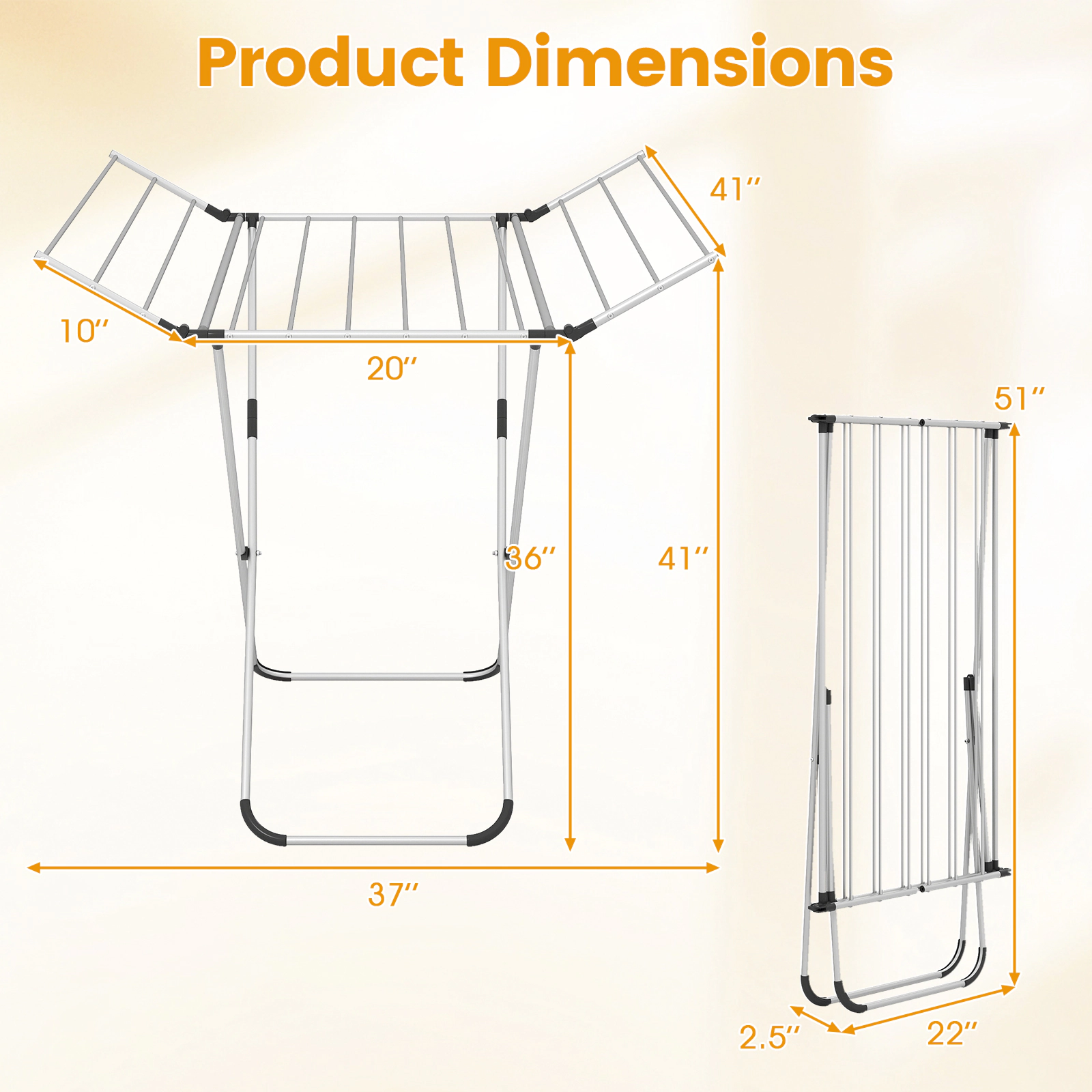 SUGIFT Silver Folding Aluminum Clothes Drying Rack with 2 Side Wings 14 Rods and 60-ft Hanging Space