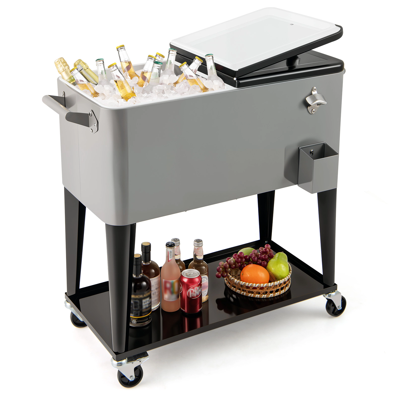 SUGIFT 80-qt Gray Rolling Cooler Cart Ice Chest with Bottom Storage Shelf Bottle Opener and Cap Catcher