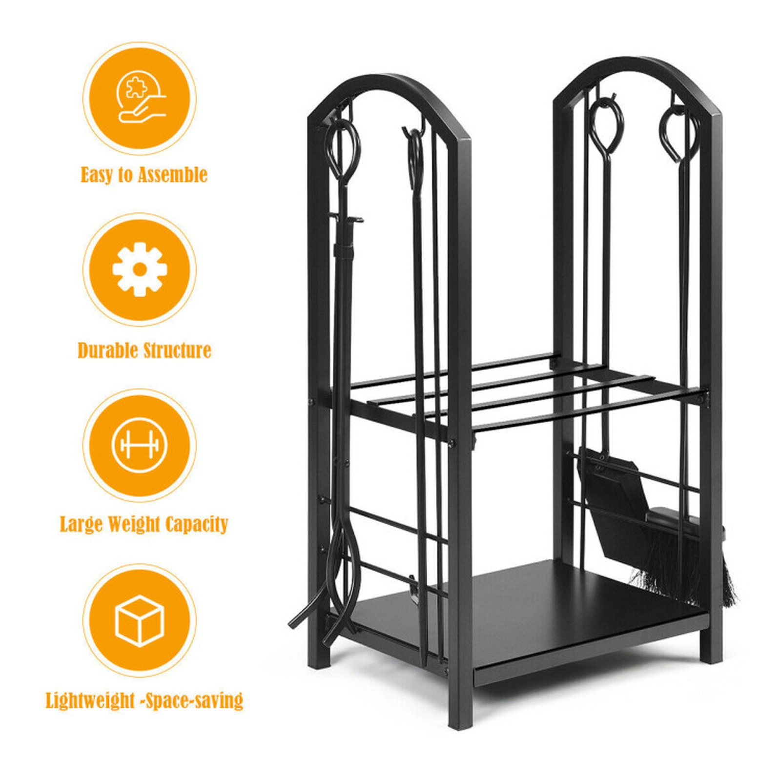SUGIFT 2-Shelf Wrought Iron Firewood Rack with 4-Piece Fireplace Tool Set