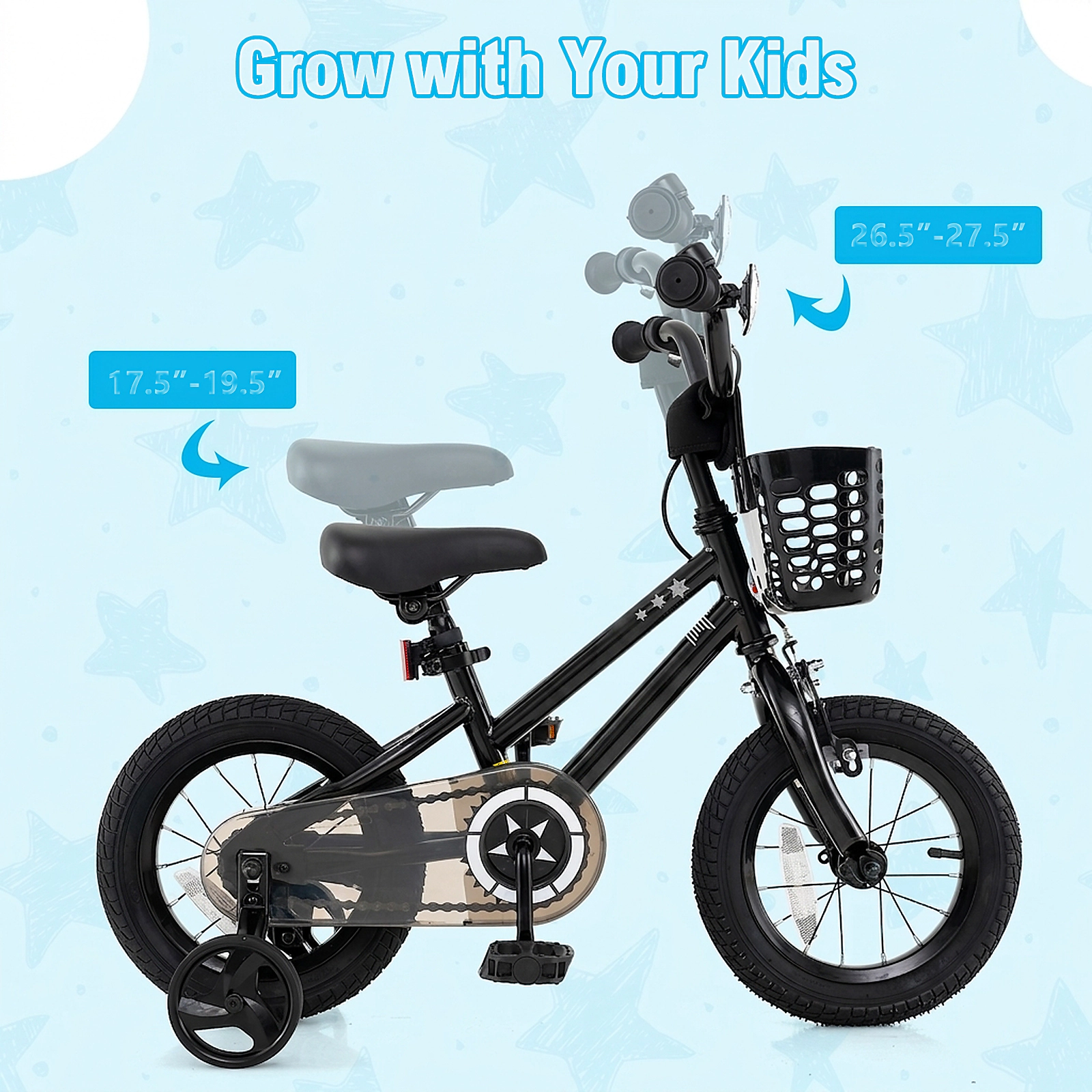 12-in Kids Bike with Front Basket Removable Training Wheels and Adjustable Seat Dual Brakes Boys/Girls Ages 3-4 Black