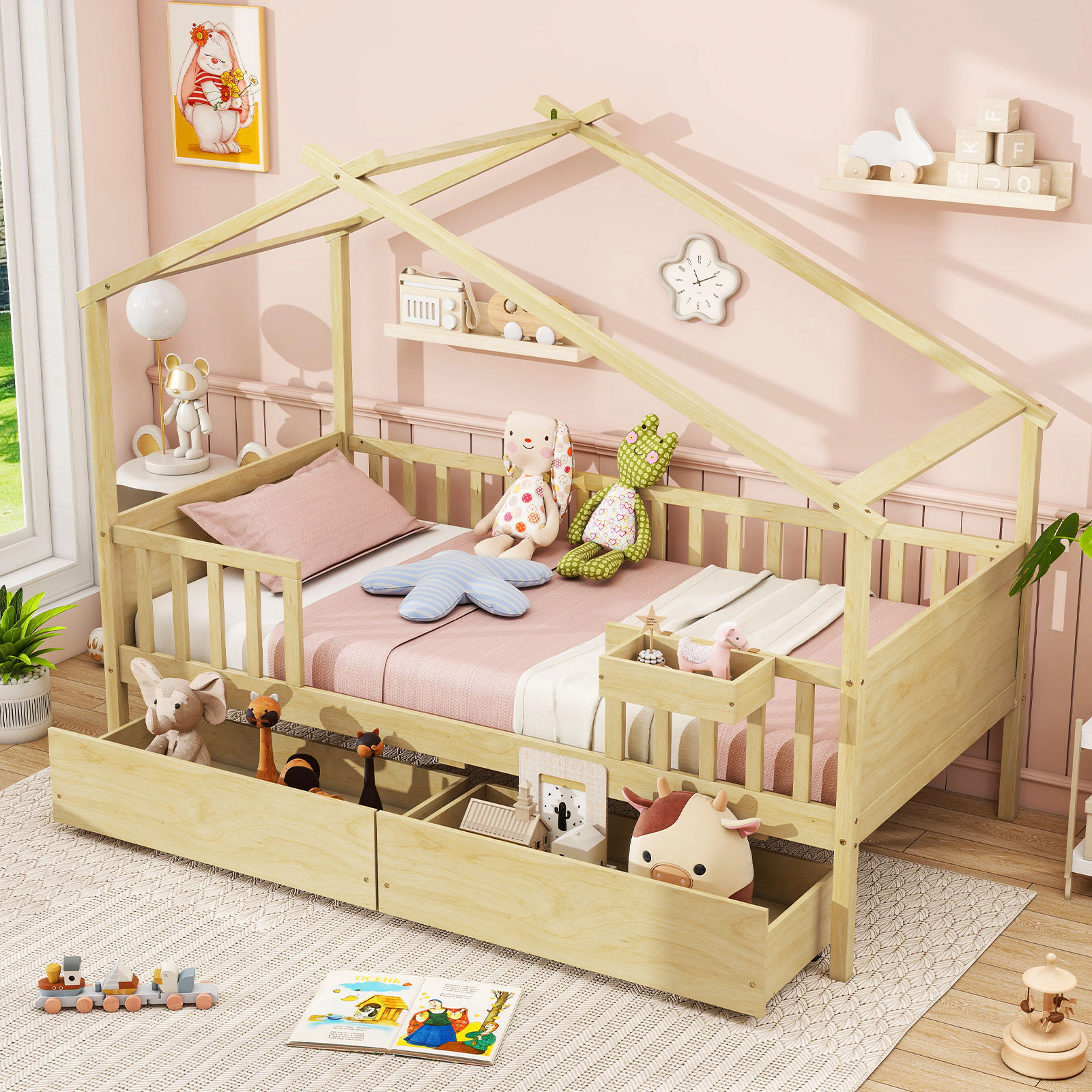 SUGIFT House Twin Bed Frame with Roof & Fence Rails 200-lb Capacity with 2 Storage Drawers & Storage Box Natural White
