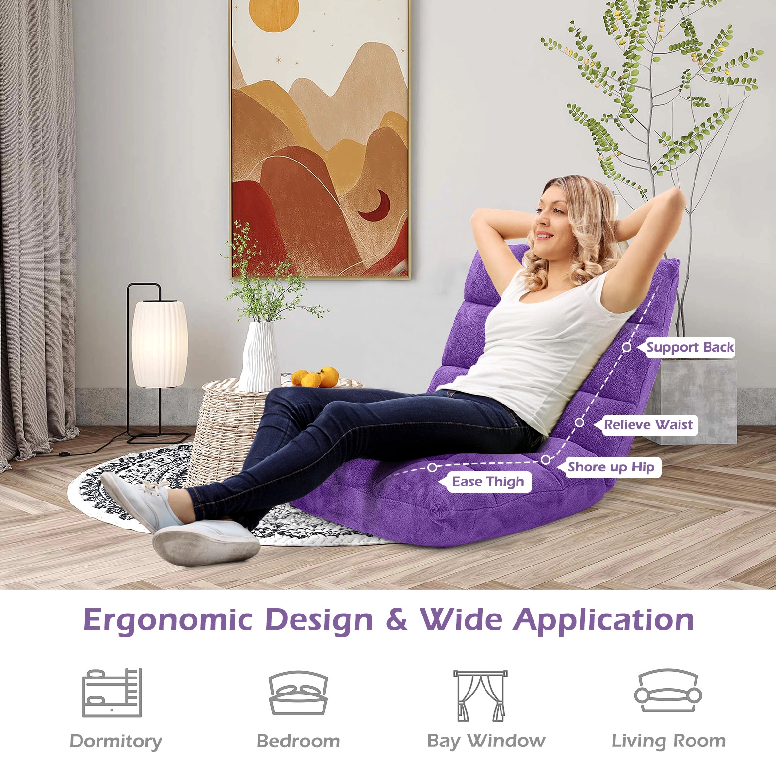 SUGIFT 14-Position Adjustable 200-lb Capacity Purple Cushioned Folding Floor Chair with Back Support
