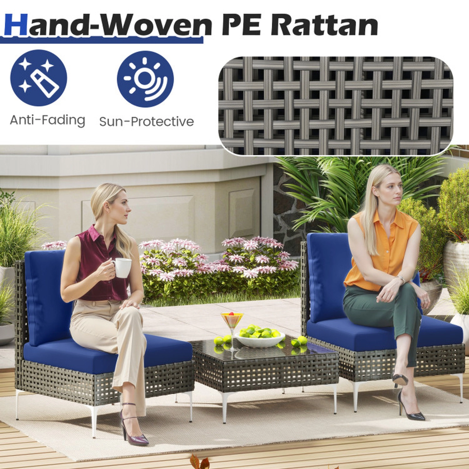 SUGIFT Conversation Chairs and Tempered Glass Coffee Table 400-lb Chairs 100-lb Table Gray Rattan Blue Cushions