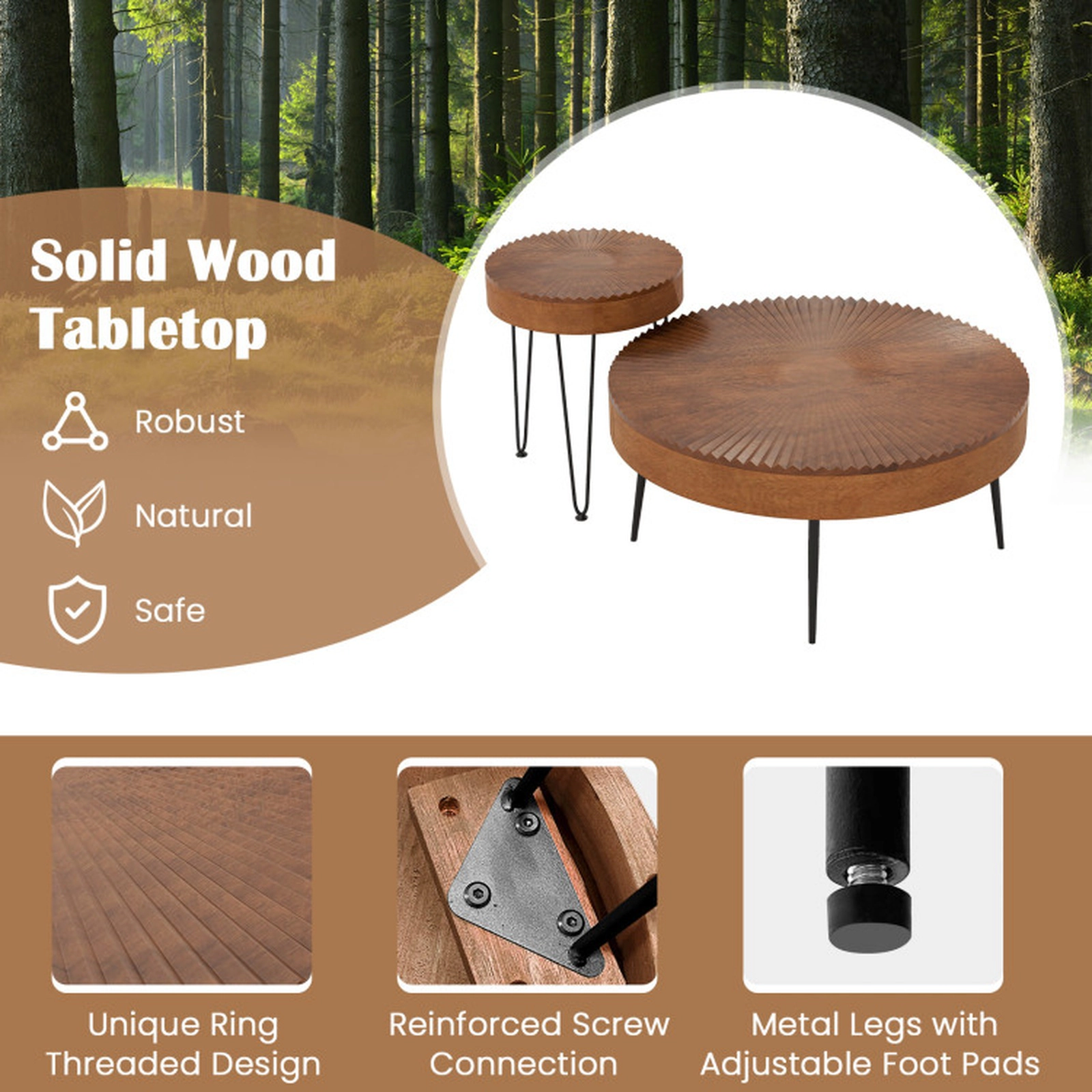 SUGIFT Set of 2 Boho Round Coffee Tables with Solid Pine Wood Top and Metal Legs 180-lb and 135-lb Capacity Brown