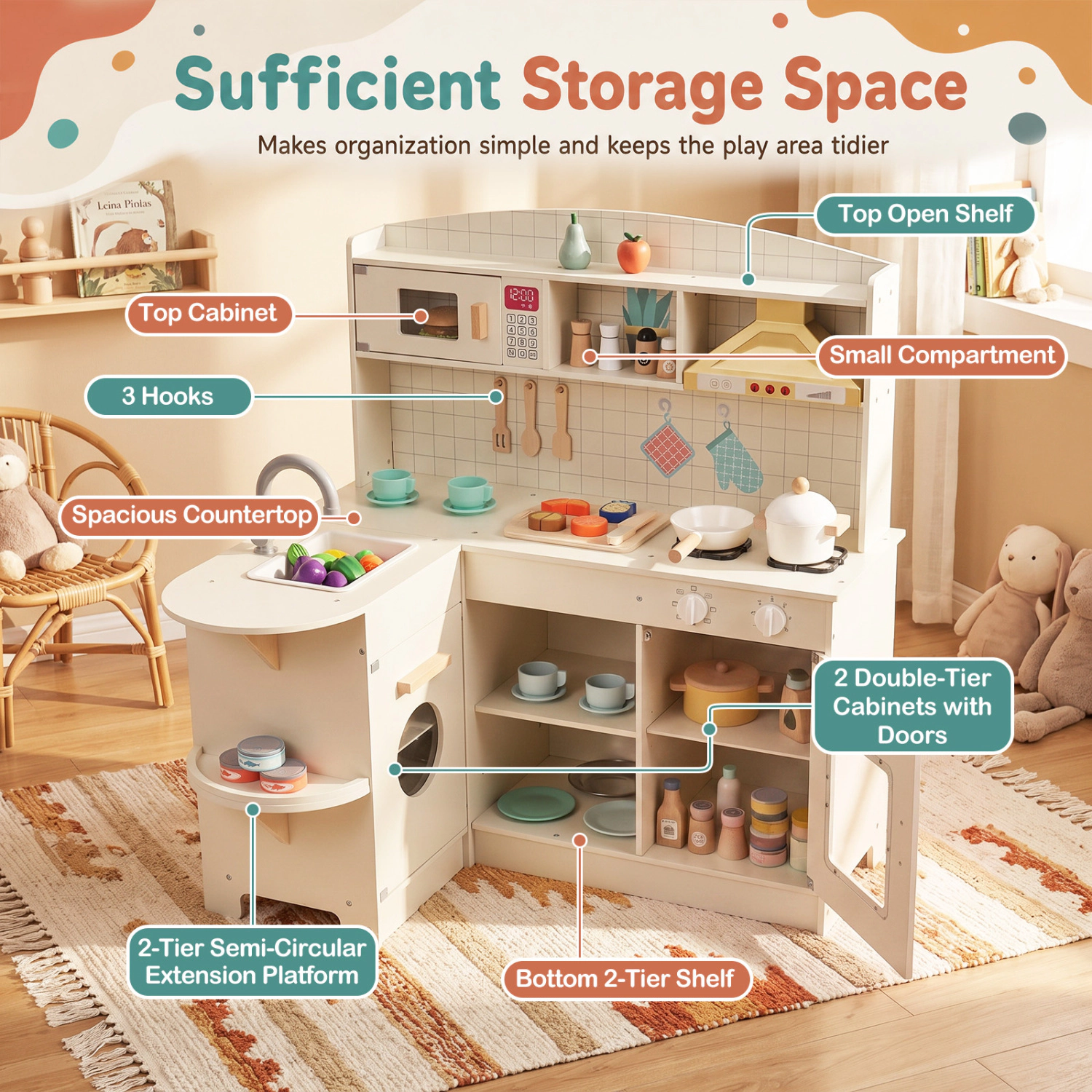 LJG Kids Wooden Play Kitchen with Lights & Sounds and Stove Microwave Sink for Ages 3+
