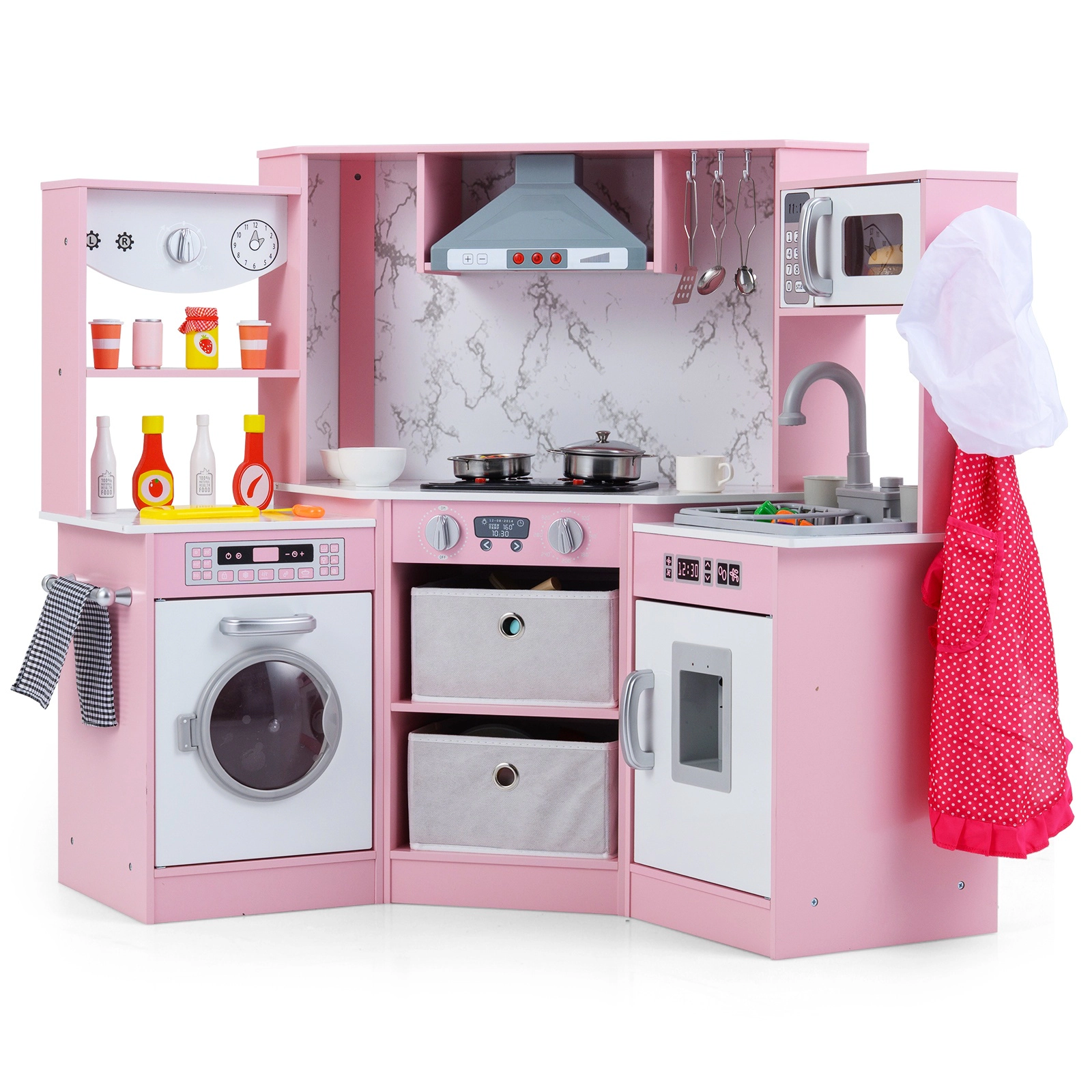 SUGIFT Wooden Kids Play Kitchen Playset with Realistic Lights and Sounds 18-in Stovetop Height Ages 3+ Gray/Coffee
