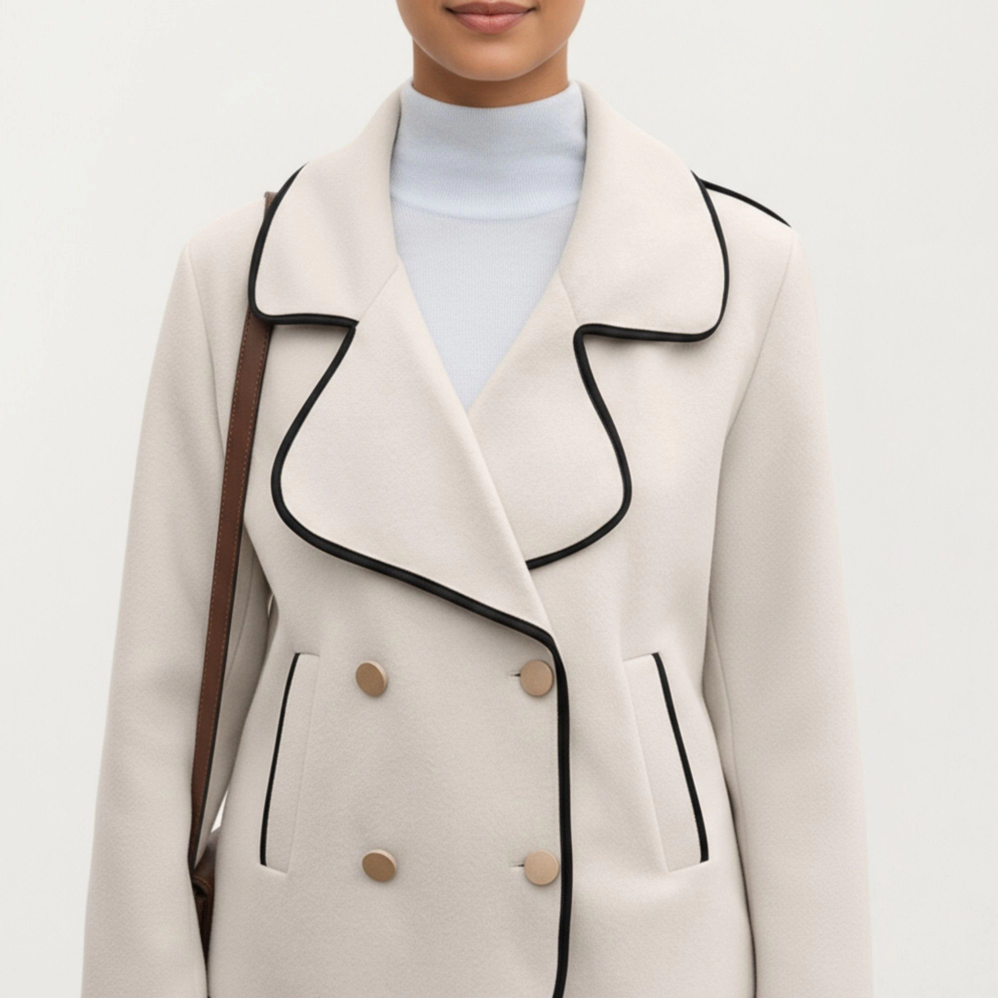 Anna-Kaci Women's Double Breasted Peacoat with Contrast Trim and Wide Lapel Collar