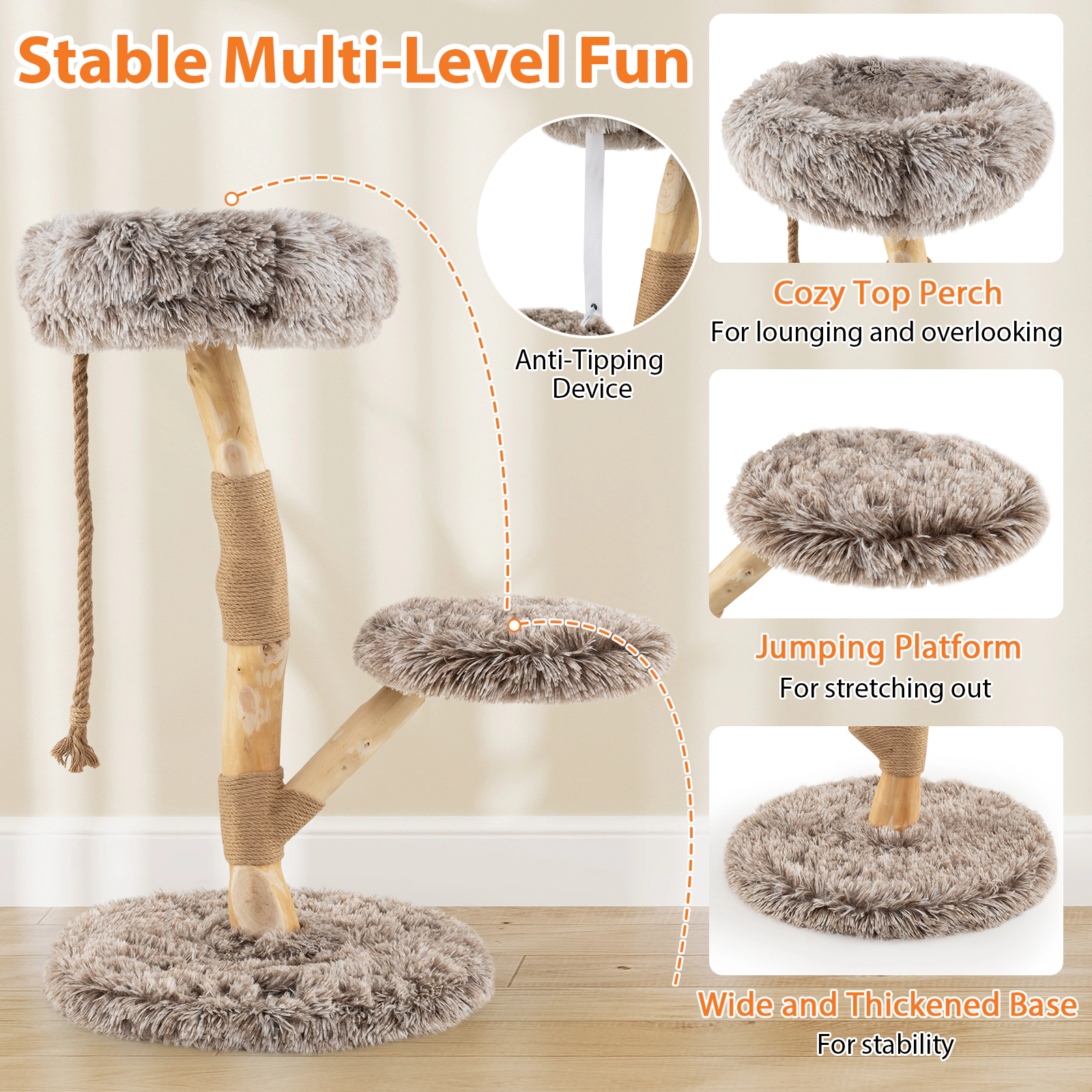 SUGIFT 35.5-in Tall 3-Tier Cat Tree Tower with 19.5-in Round Base Jute Rope Columns and Removable Cushions