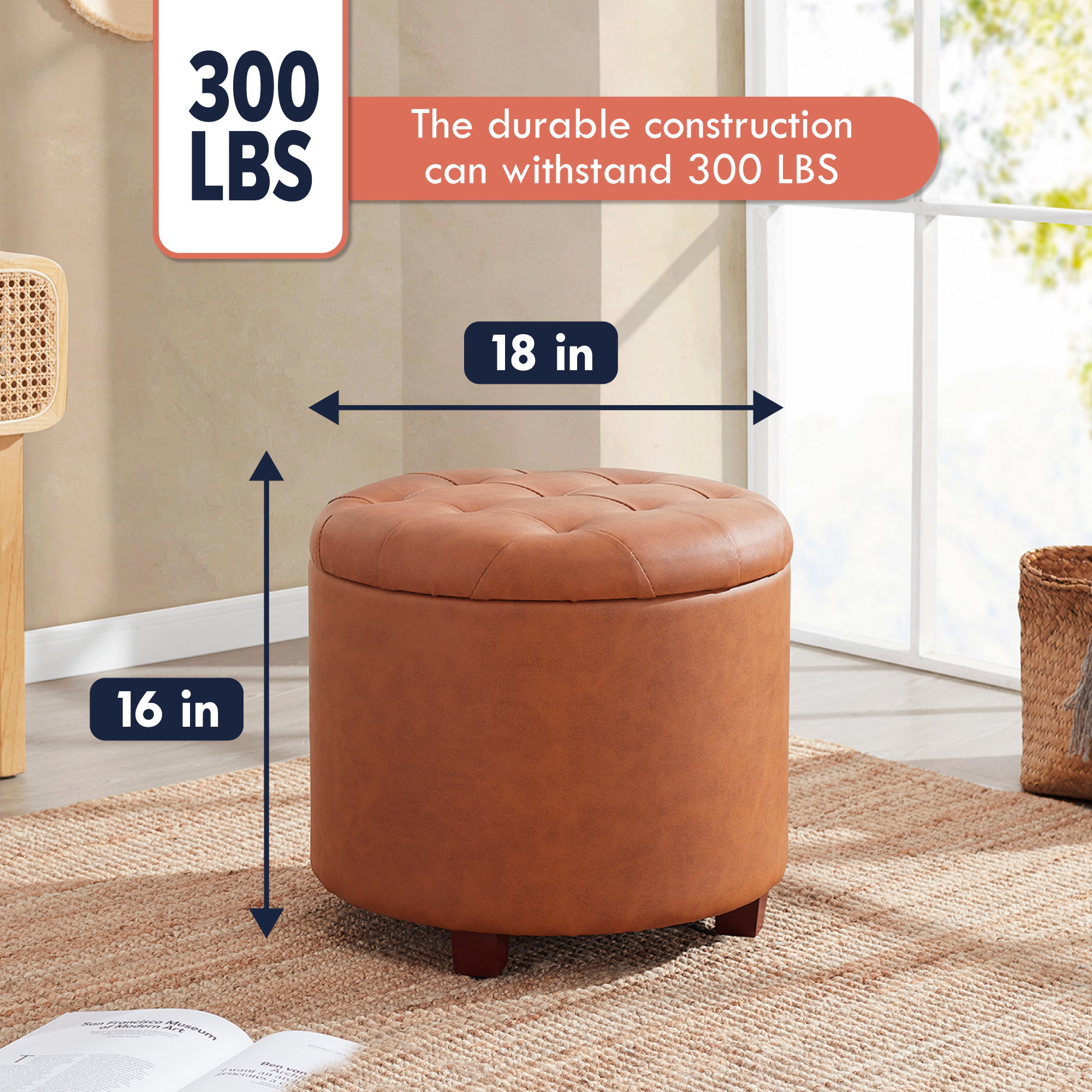 Ornavo Home Faux Leather Round Storage Ottoman with Legs and Lift Off Lid