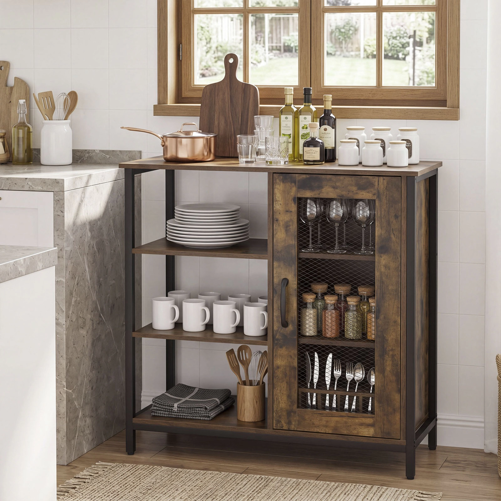 SUGIFT Industrial Side Cabinet Rustic Brown with Metal Mesh Doors and 3 Open Shelves