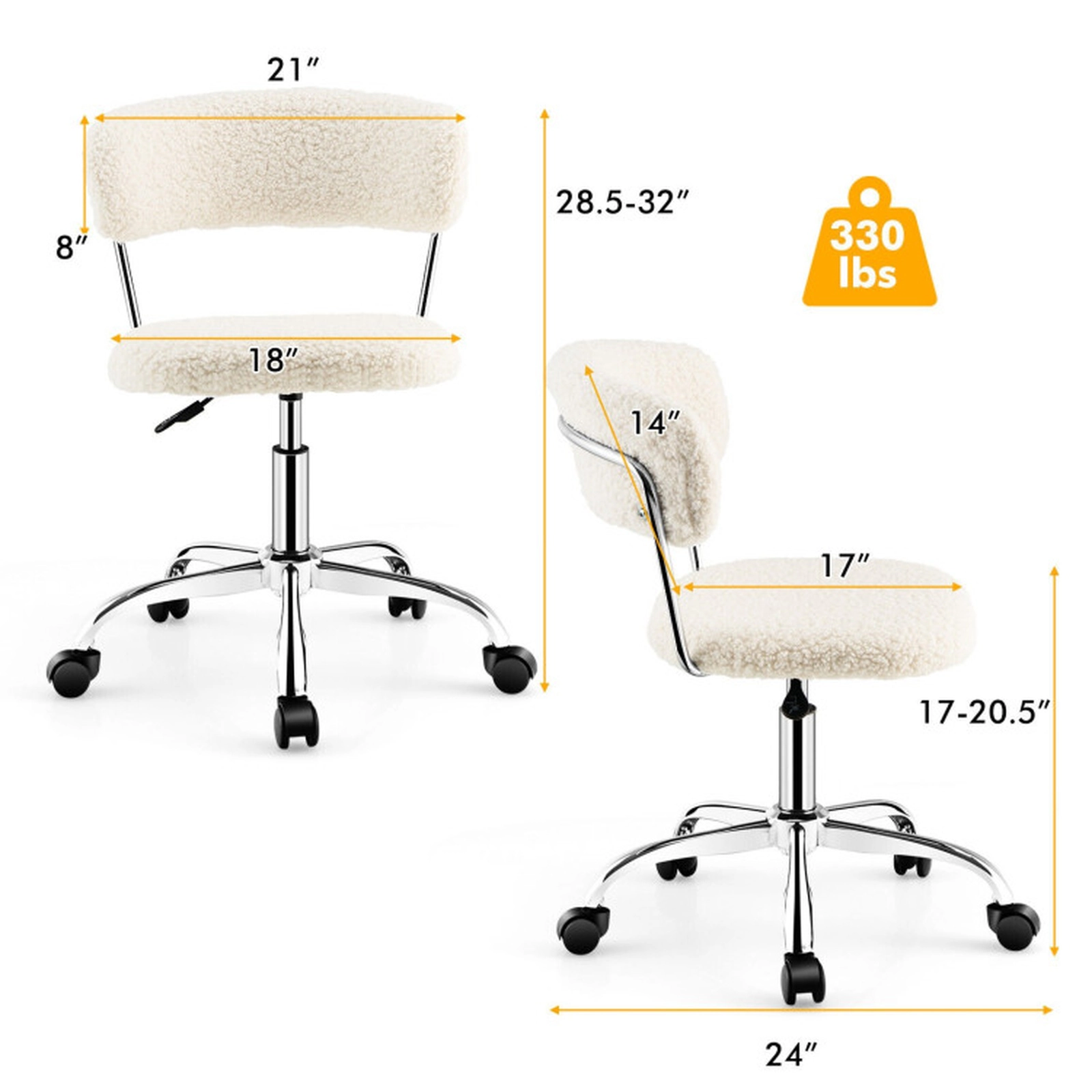 SUGIFT Sherpa Upholstered Armless Swivel Vanity Desk Chair 24-in x 24-in x 28.5-in 330-lb Capacity 5 Casters White