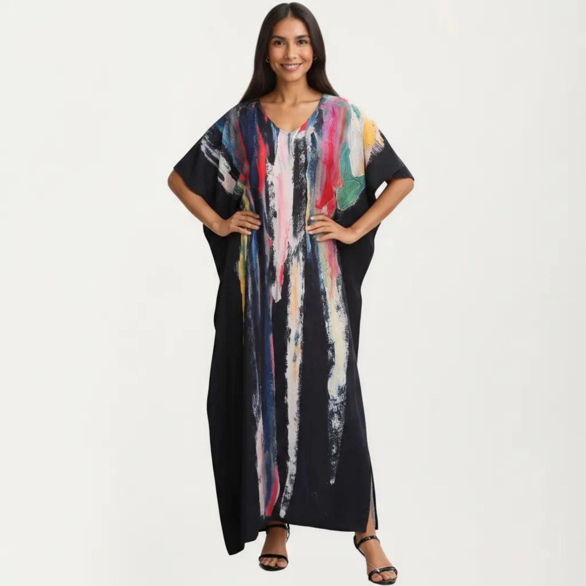 Anna-Kaci Women's Abstract Print Maxi Caftan Dress with V-Neckline Short Sleeves and Relaxed Draped Silhouette