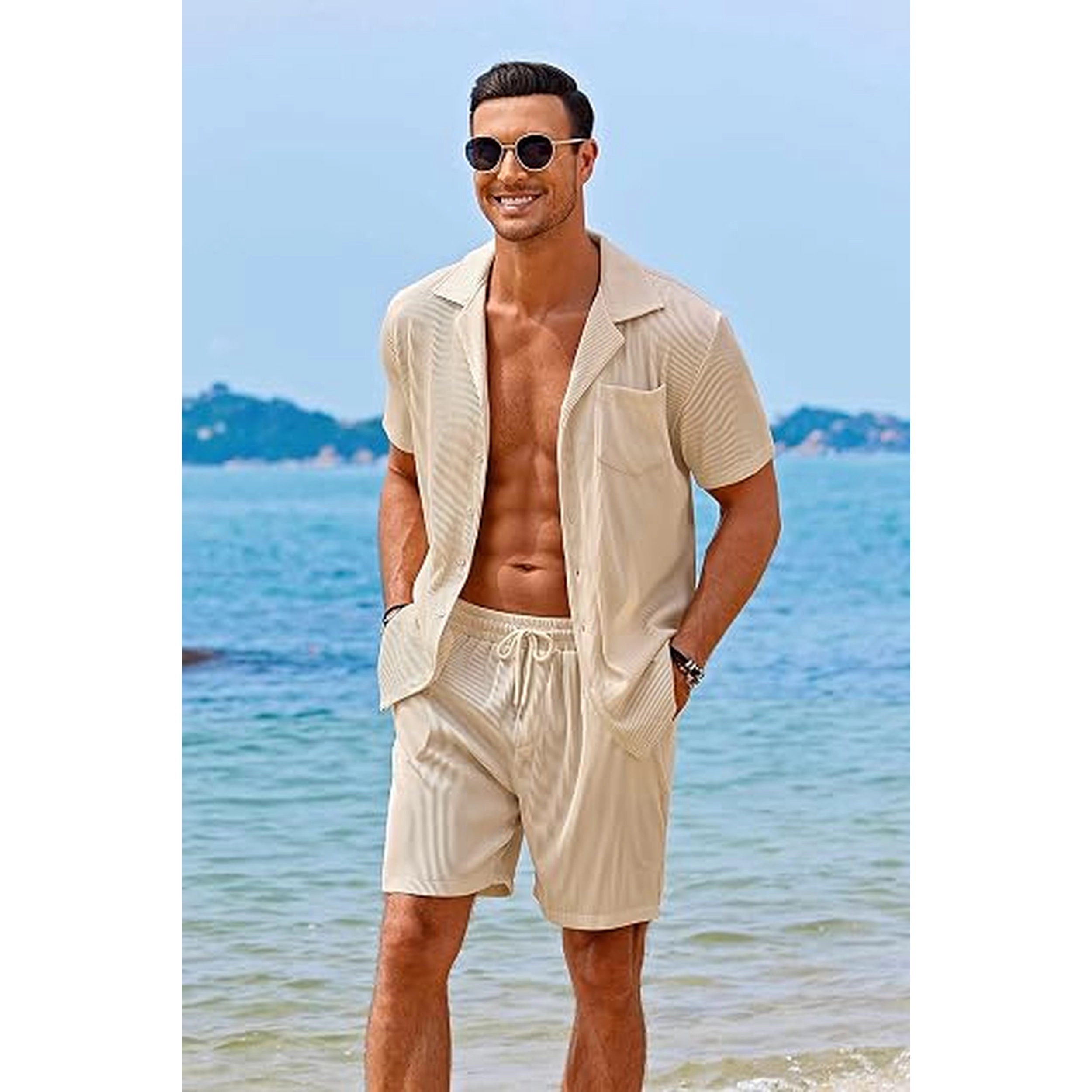 COOFANDY Men's Regular Fit Short Sleeve Button Down Shirt and Drawstring Shorts Two Piece Set