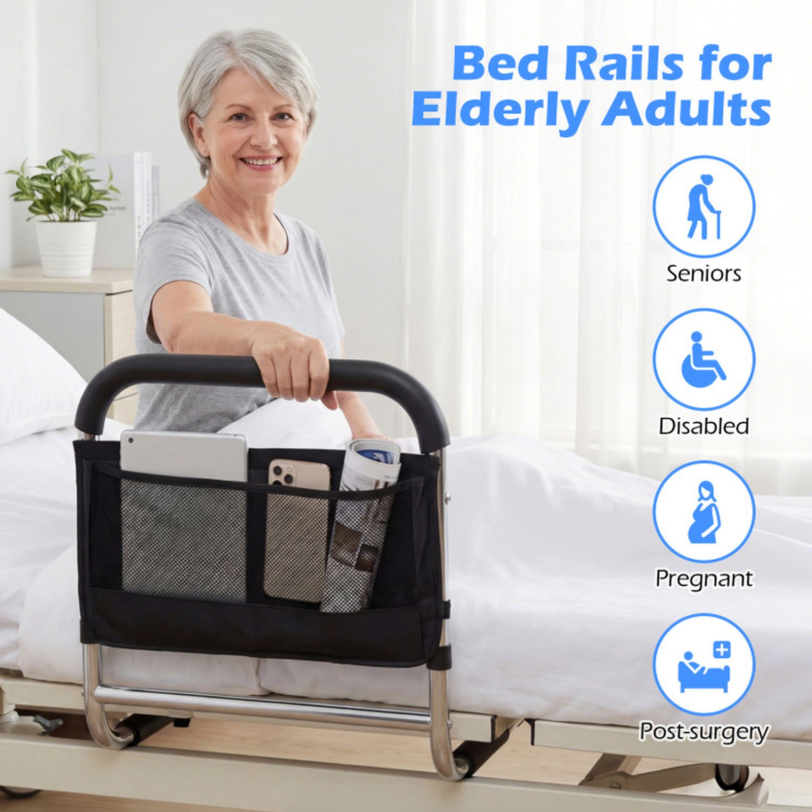 SUGIFT 220-lb Capacity 5-Level Height Adjustable Bed Rails for Elderly Adults with Padded Handrail