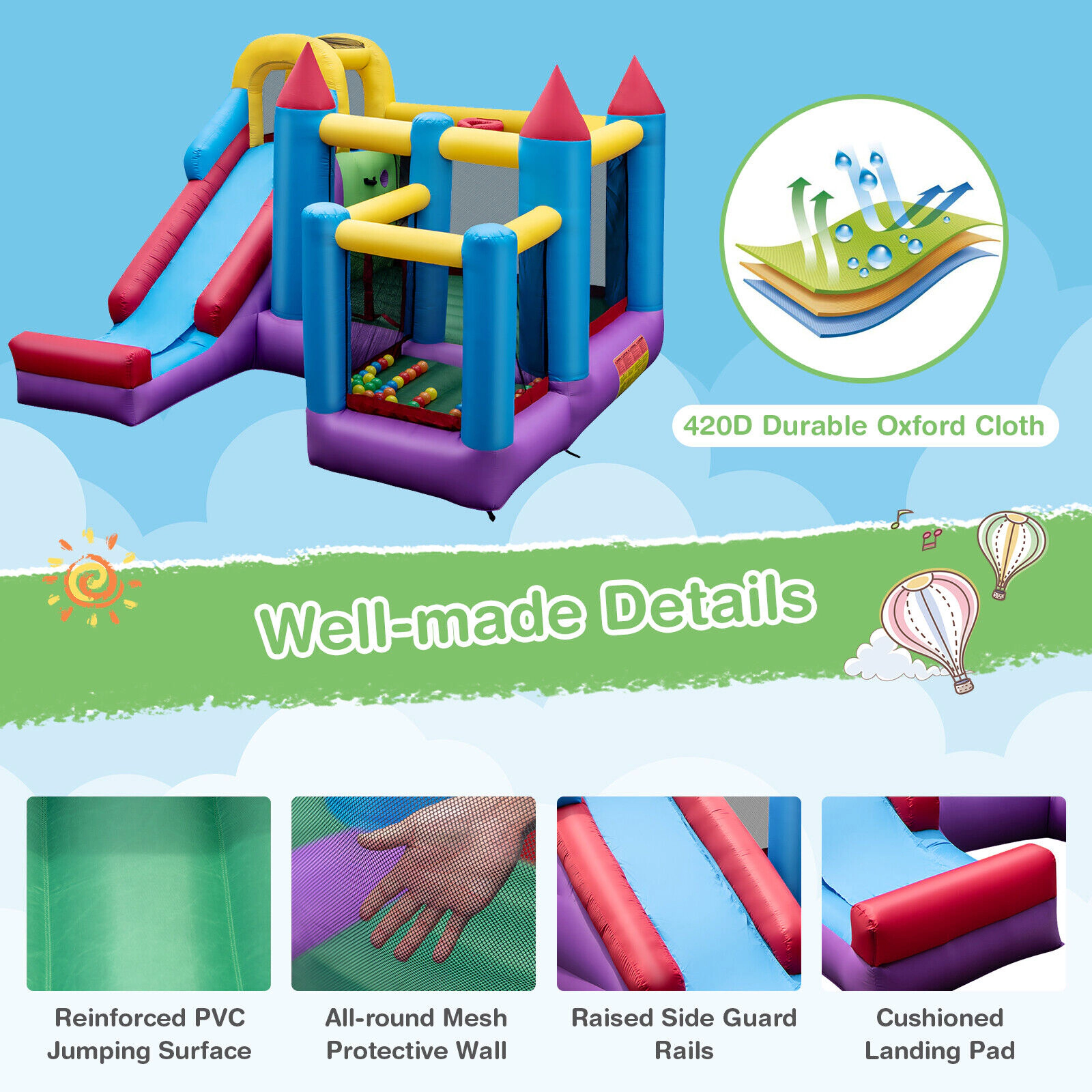 SUGIFT 4-in-1 Inflatable Bounce Castle Long Slide Climbing Wall Basketball Hoop 200-lb Capacity Ages 3-12 Multi-color