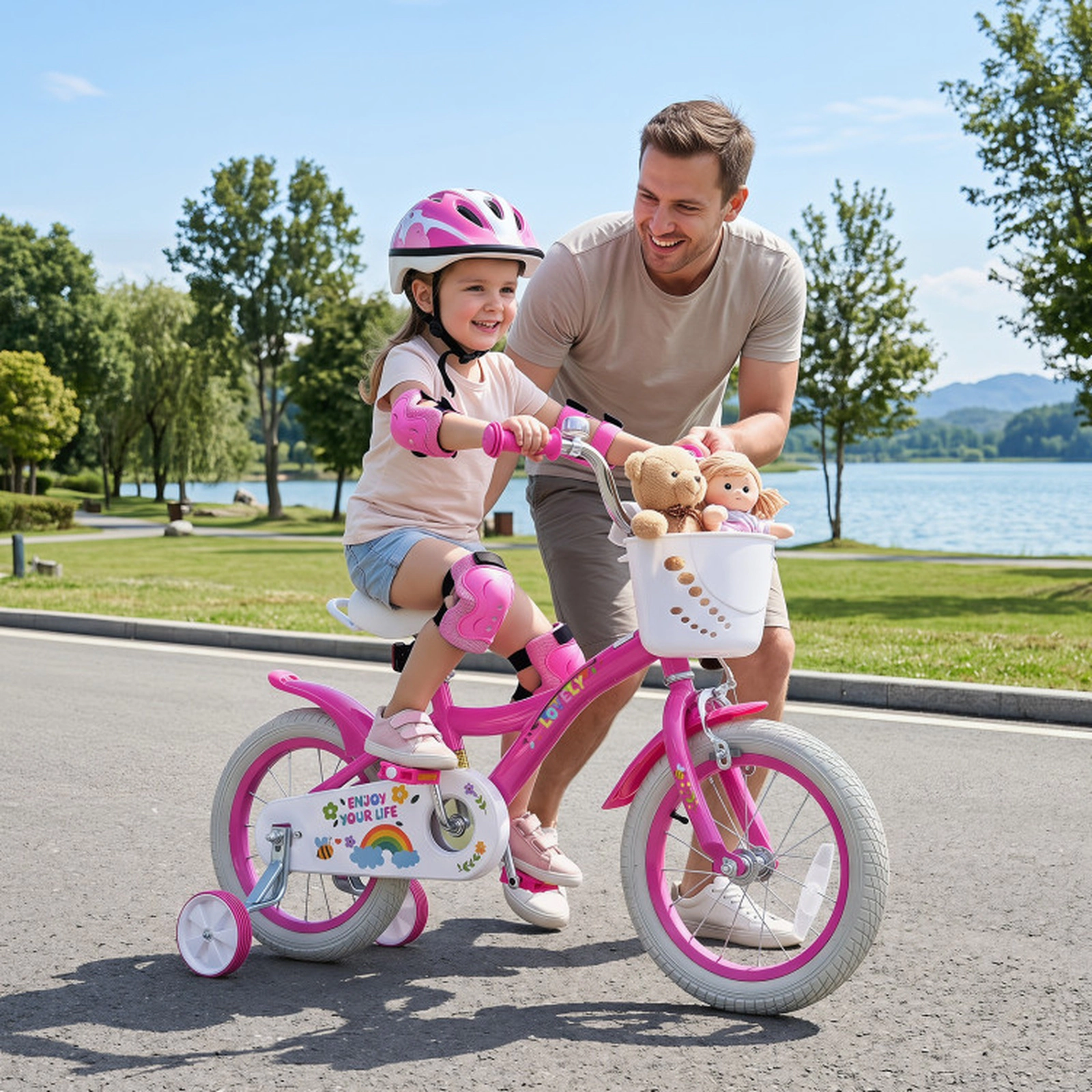 SUGIFT Pink Training Wheels Front Basket and Bell Girls Bike