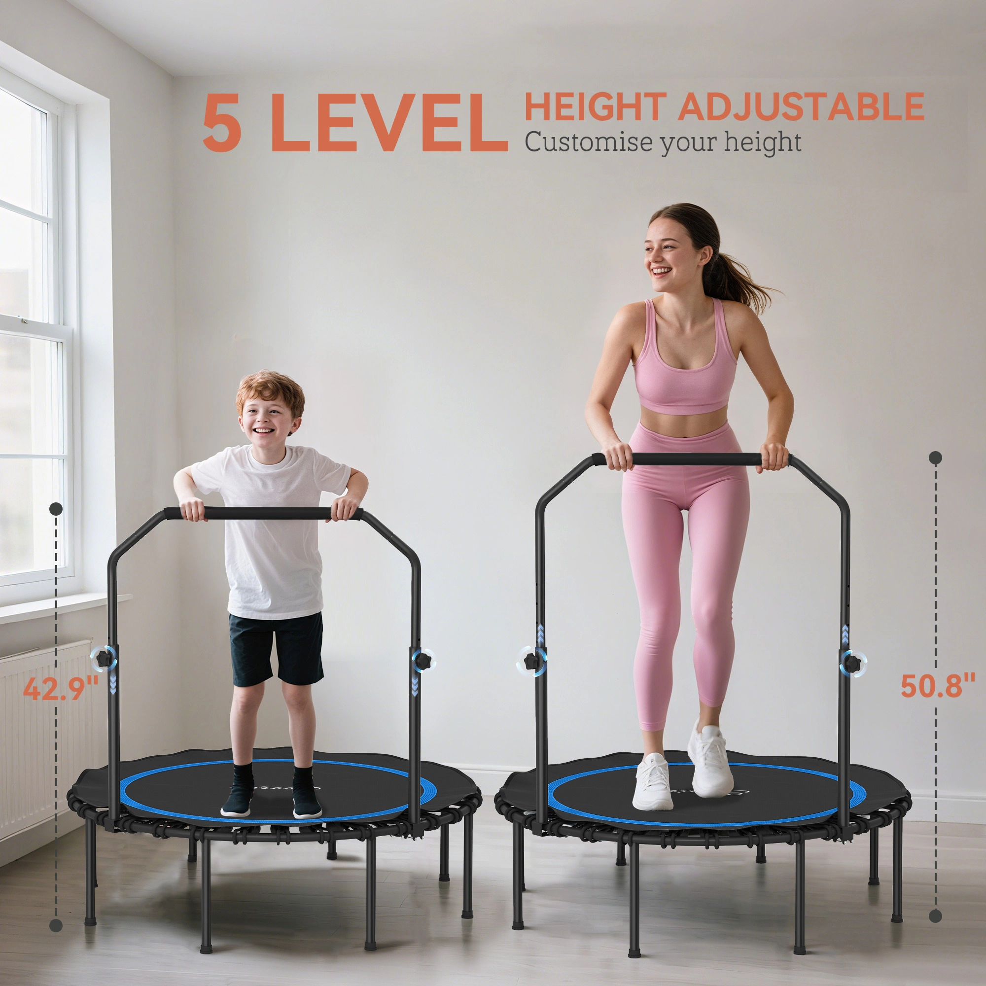 HONGGE 48" Rebounder Trampoline for Adults Foldable Mini with Adjustable Handle Bar Indoor Outdoor