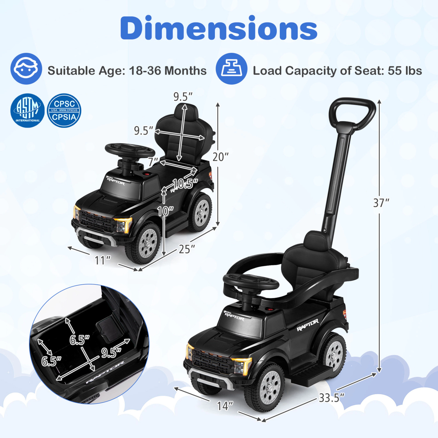 LJG 3-In-1 Licensed Ford Push Car for Toddlers