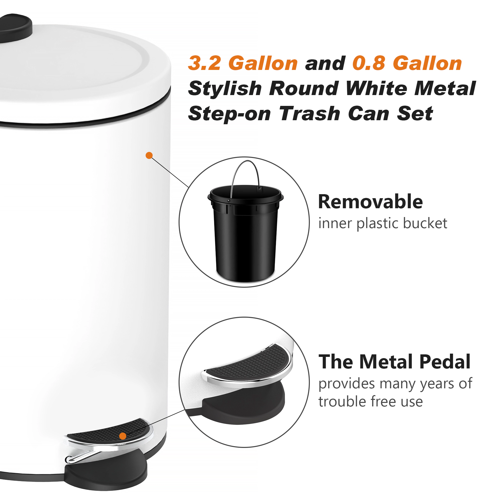 Innovaze 3.2 Gal./12-Liter and 0.8 Gal./3 Liter Stylish Round White Metal Step-on Trash Can Set