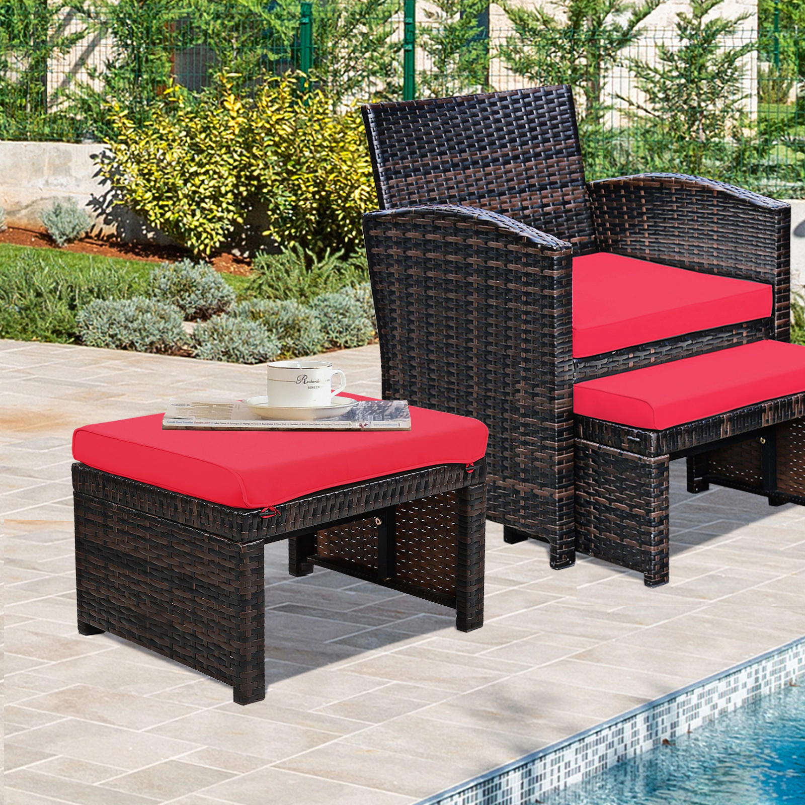 LJG 2 Pieces Patio Rattan Ottomans with Soft Cushion for Patio and Garden
