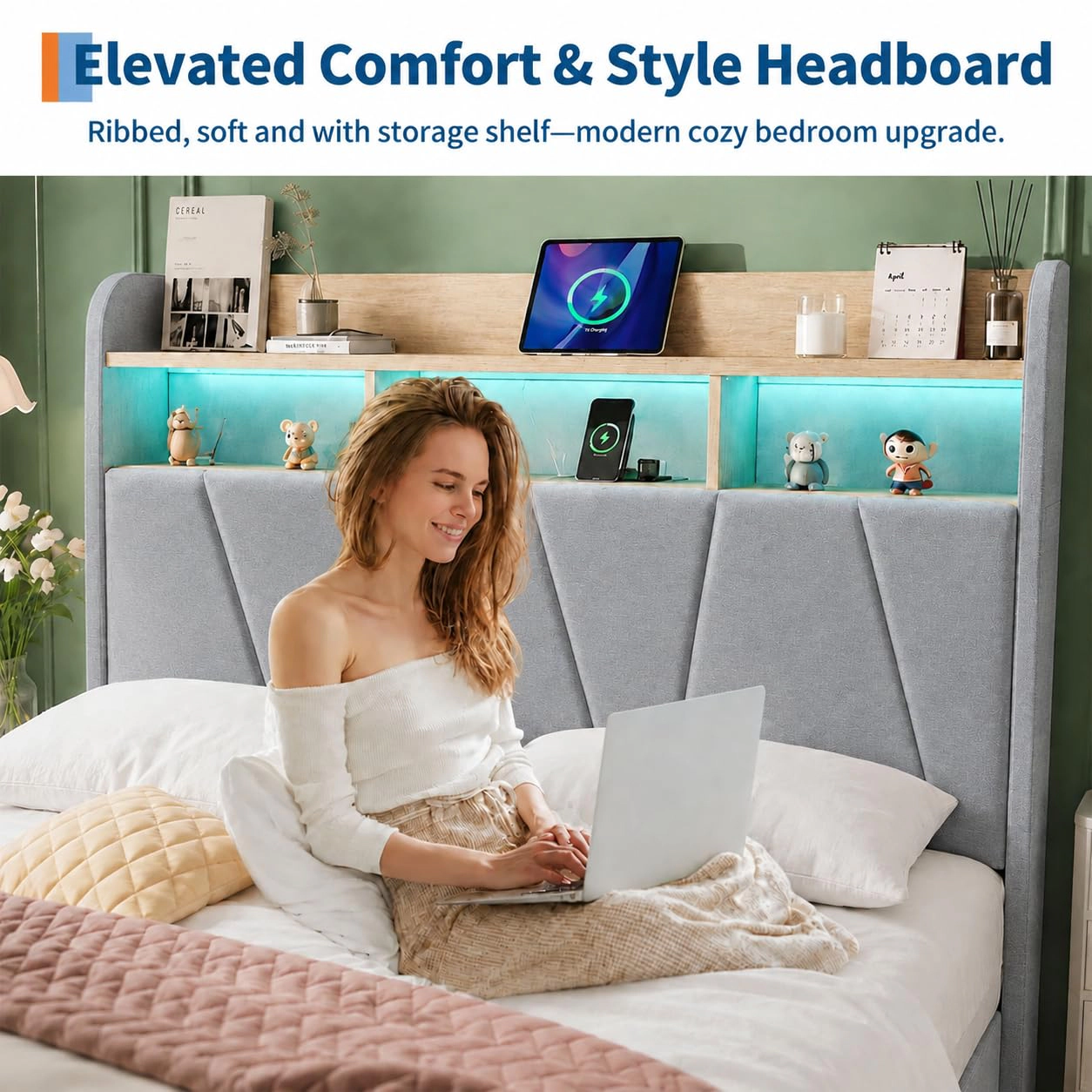 Linen Upholstered Platform Bed with 2 Drawers, Storage Headboard, Charging Station and RGB LED Lights