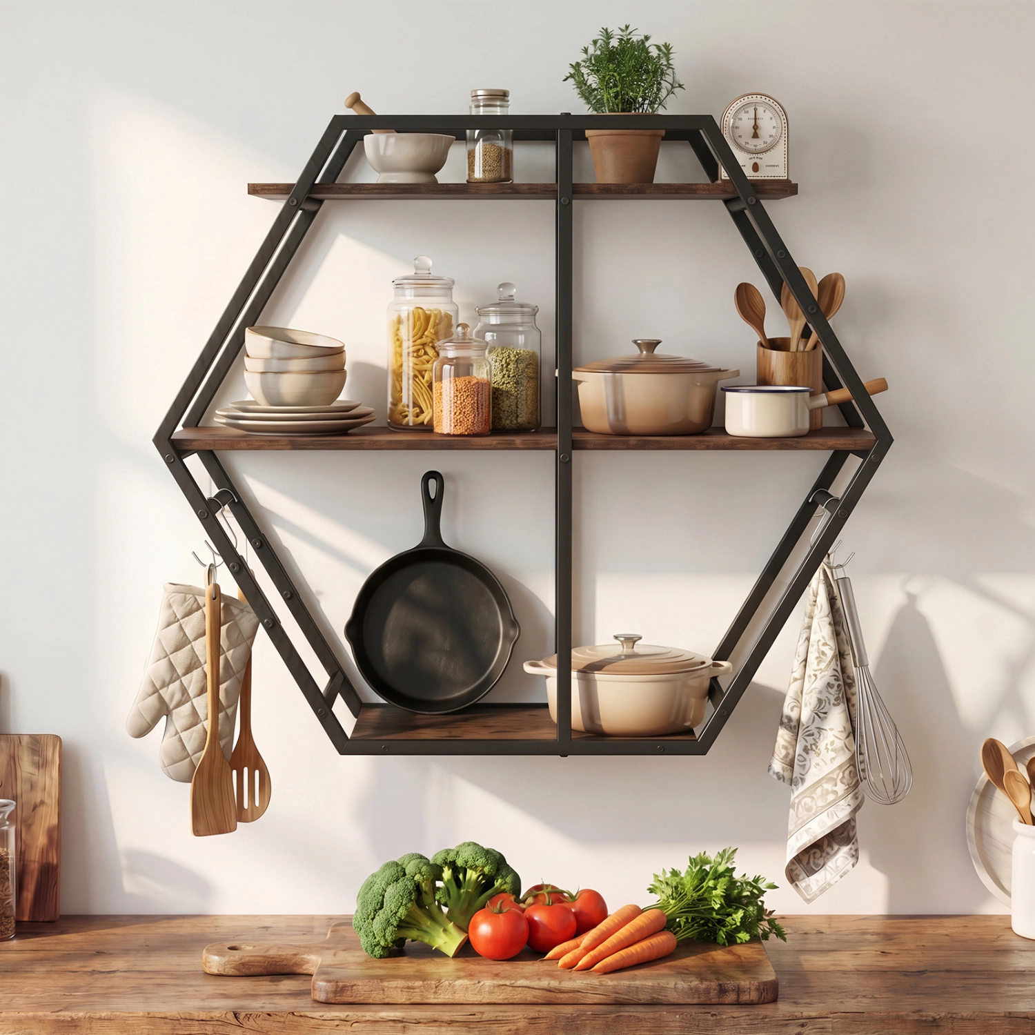 LJG 3-Tier Geometric Bookcase with S-Shaped Hooks for Living Room