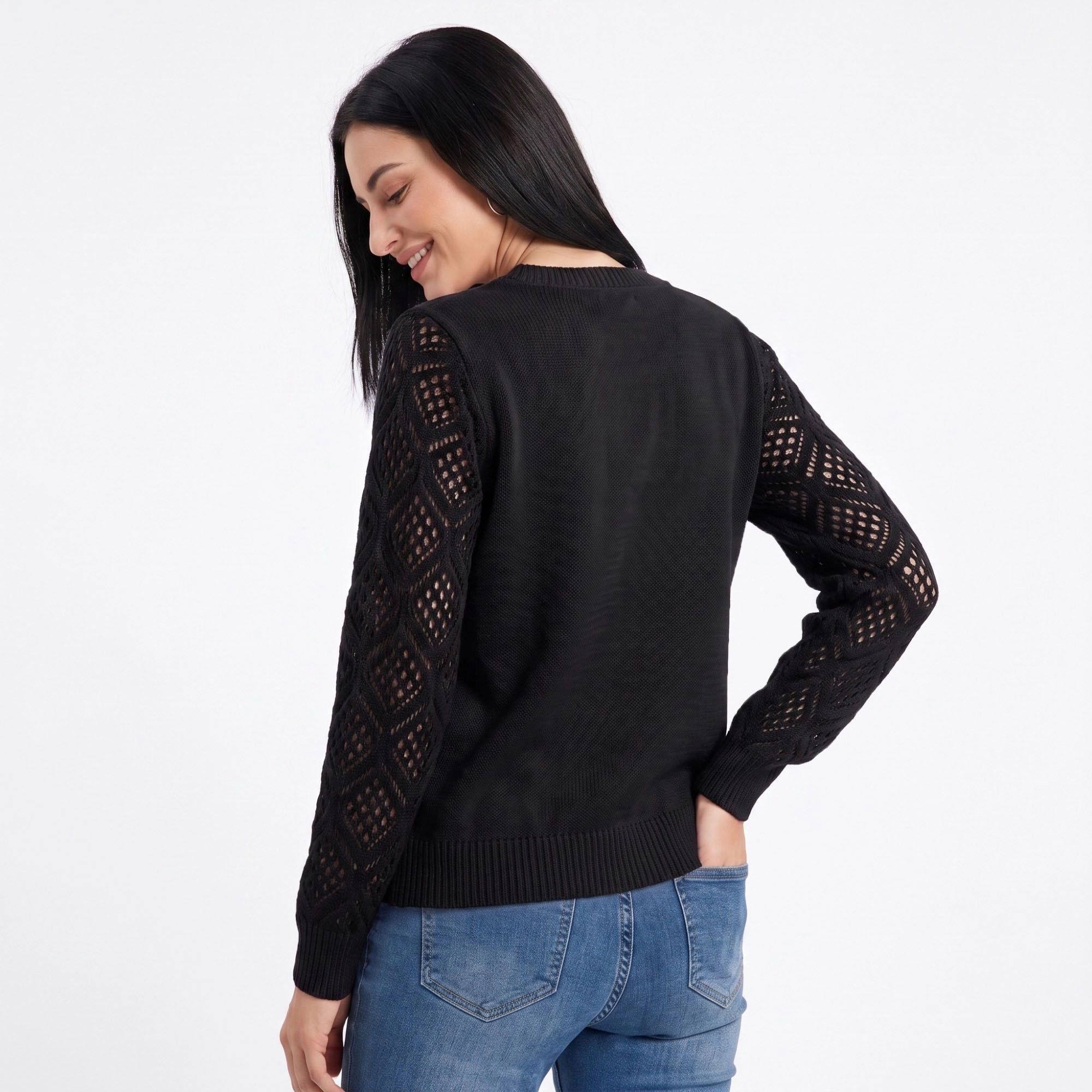 Anna-Kaci Women's V-Neck Openwork Sleeve Long Knit Sweater