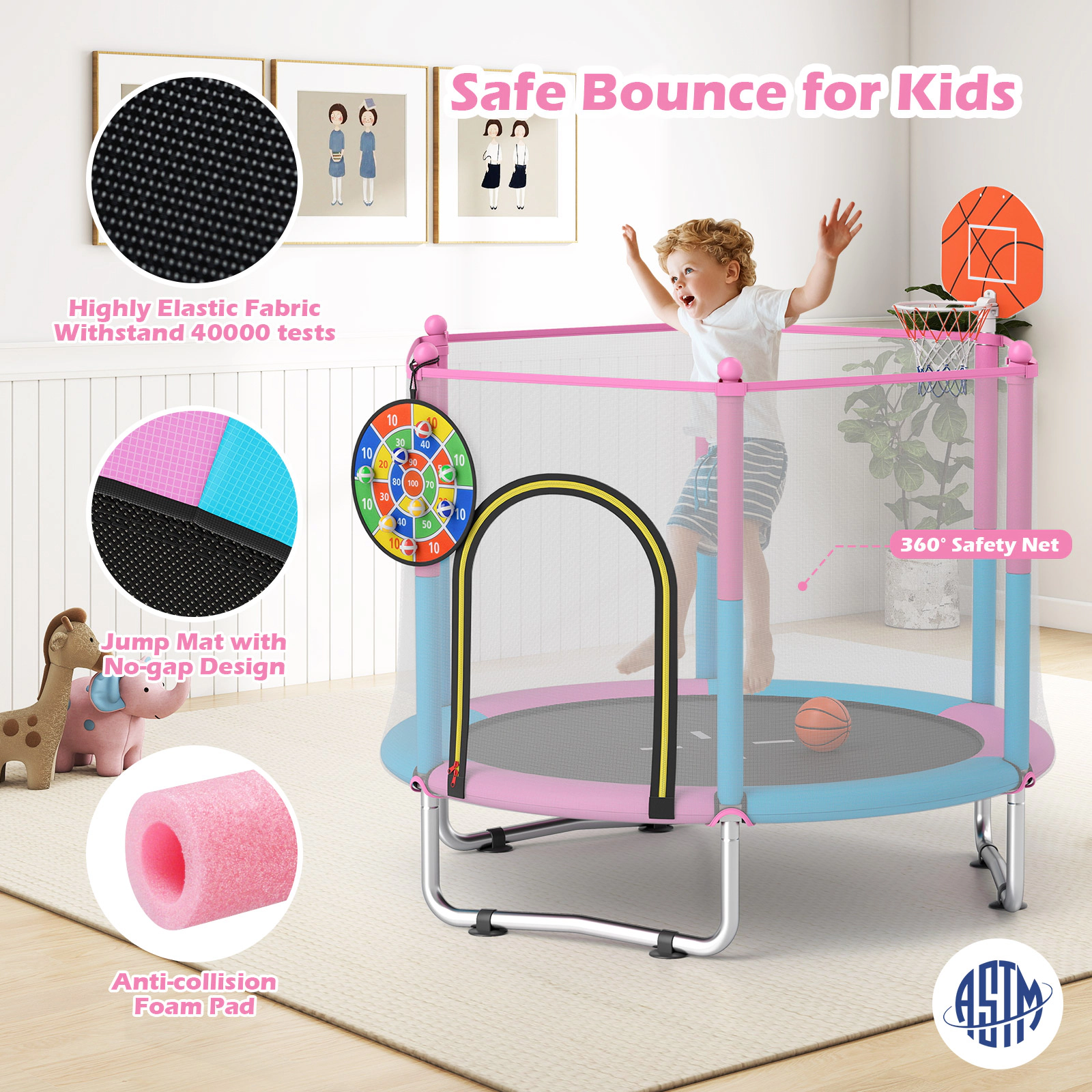 60-in Kids Trampoline Net Basketball Hoop 3-in-1 Dart Board 330-lb Capacity 30 Springs Macaron Recreational Ages 3-6