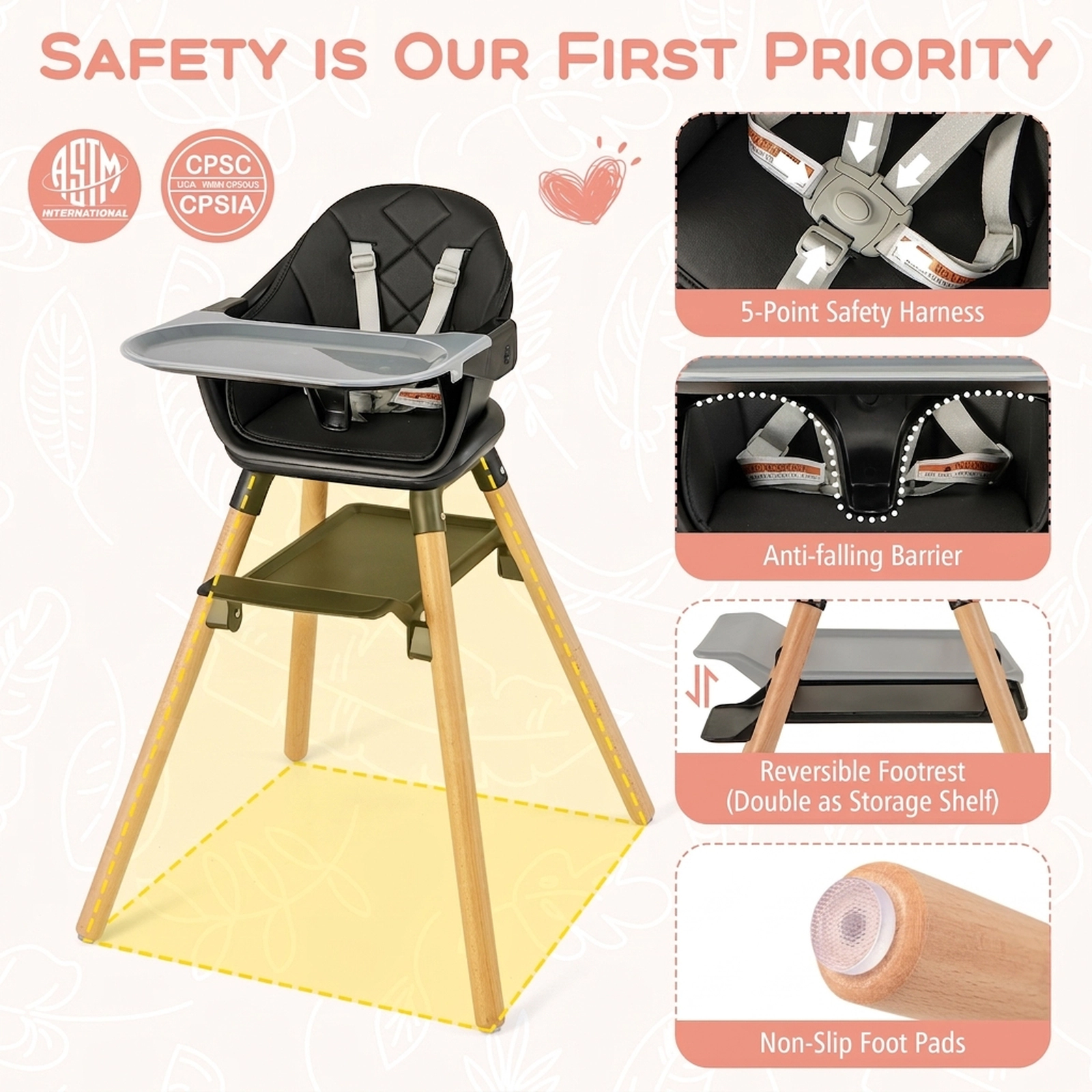 6-in-1 Baby High Chair Booster Seat and Toddler Table and Chair Set with 5-Point Safety Harness and Waterproof Cushion