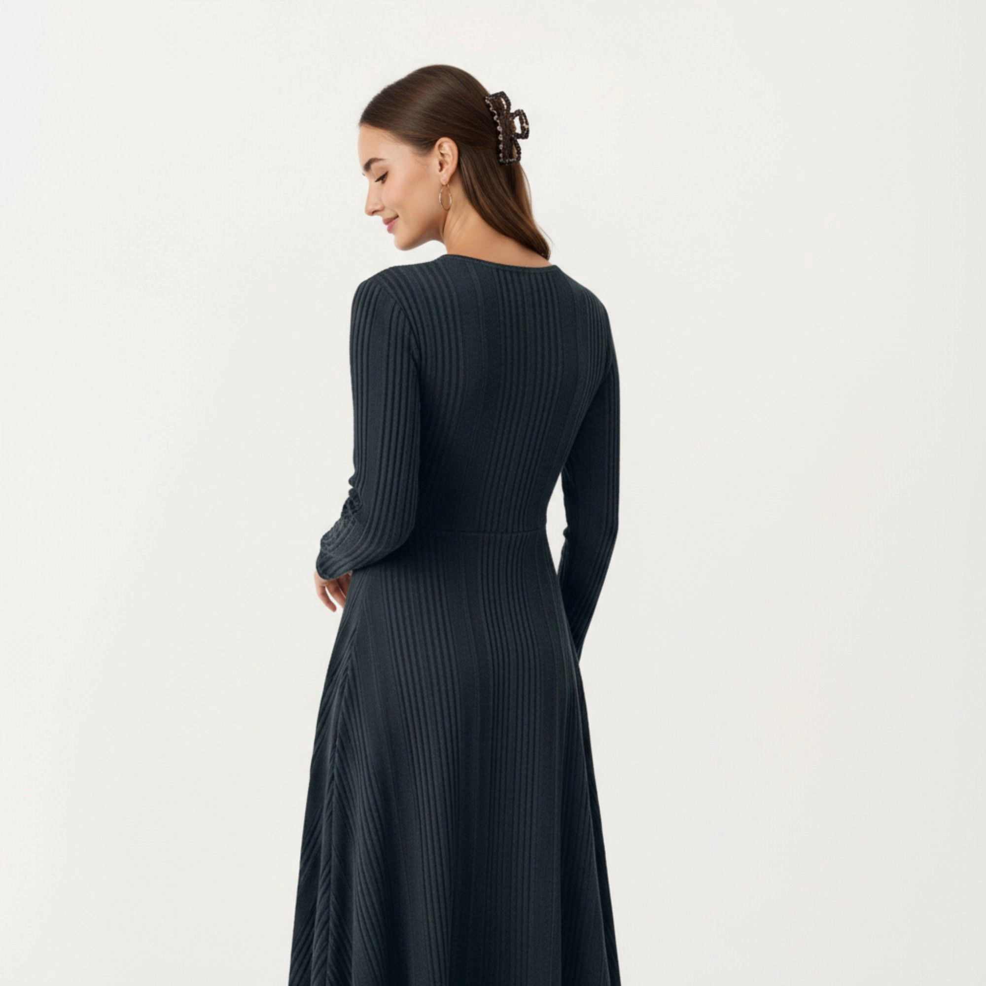 Anna-Kaci Womens Long Sleeve Ribbed Knit Midi Dress with Cutout Neckline