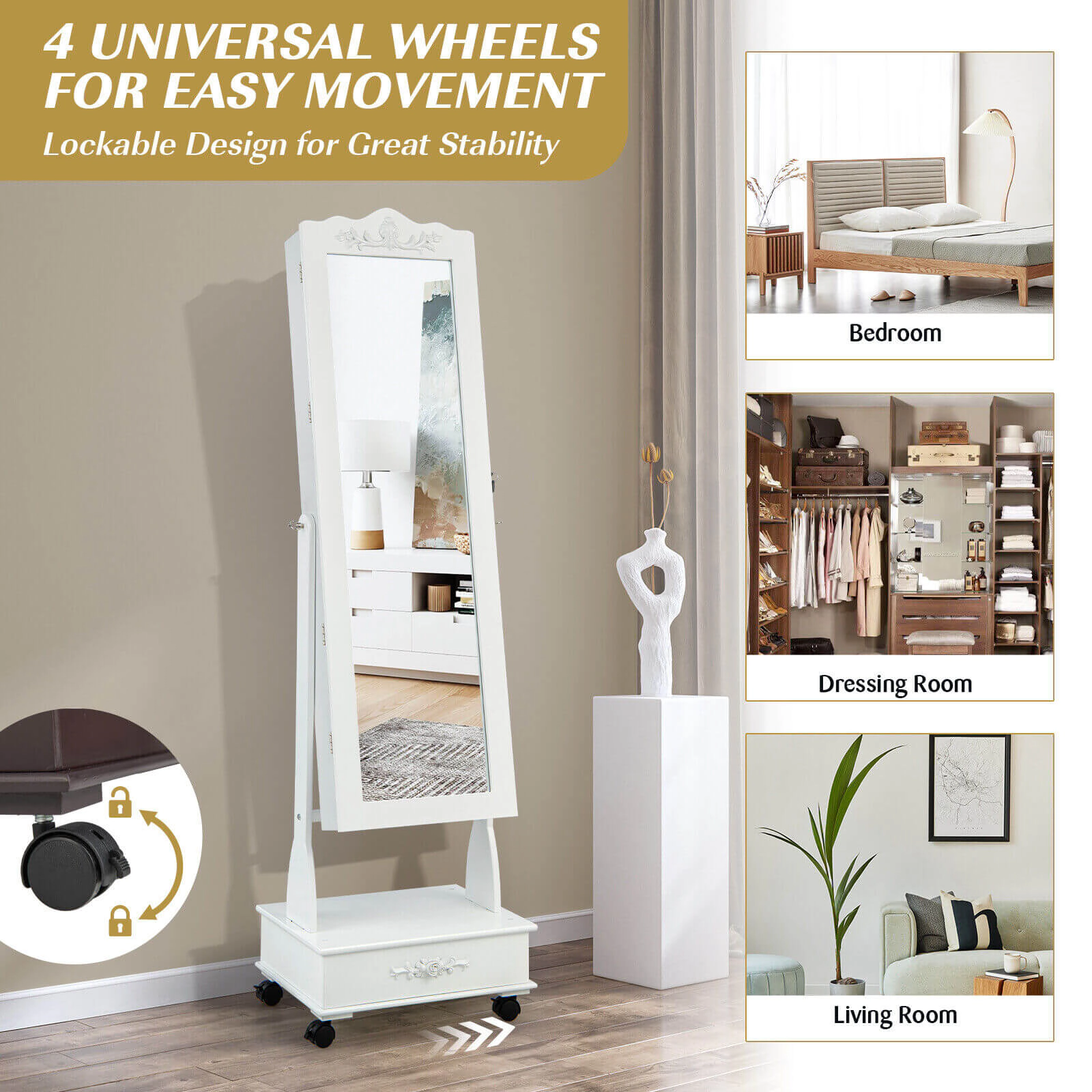 SUGIFT Rolling Jewelry Armoire White Floor Standing Mirrored Cabinet with Lock and Drawers