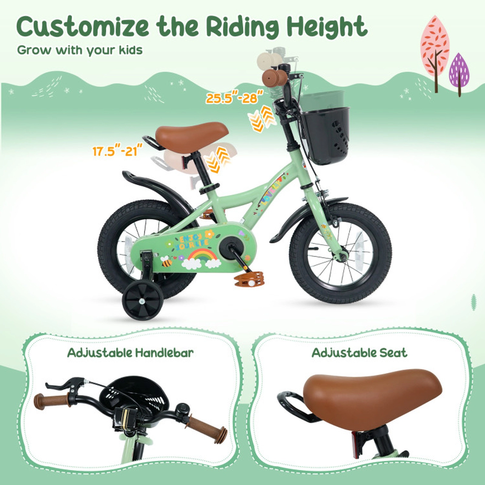 SUGIFT Green Training Wheels Front Basket Brown Saddle and Bell Girls 12 Inch Bike