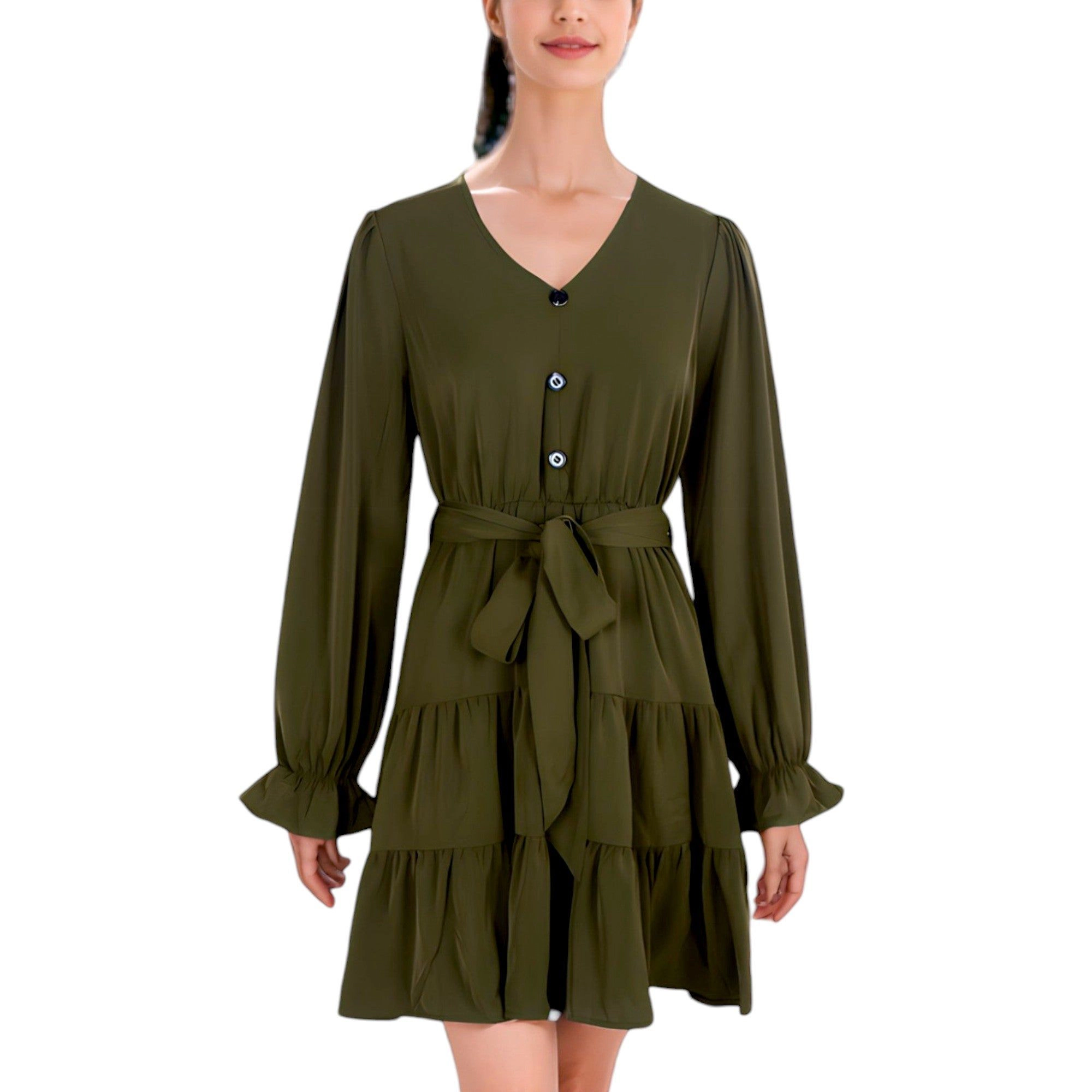 Anna-Kaci Women's Chiffon V-Neck Bell Sleeve Belted Shirt Dress