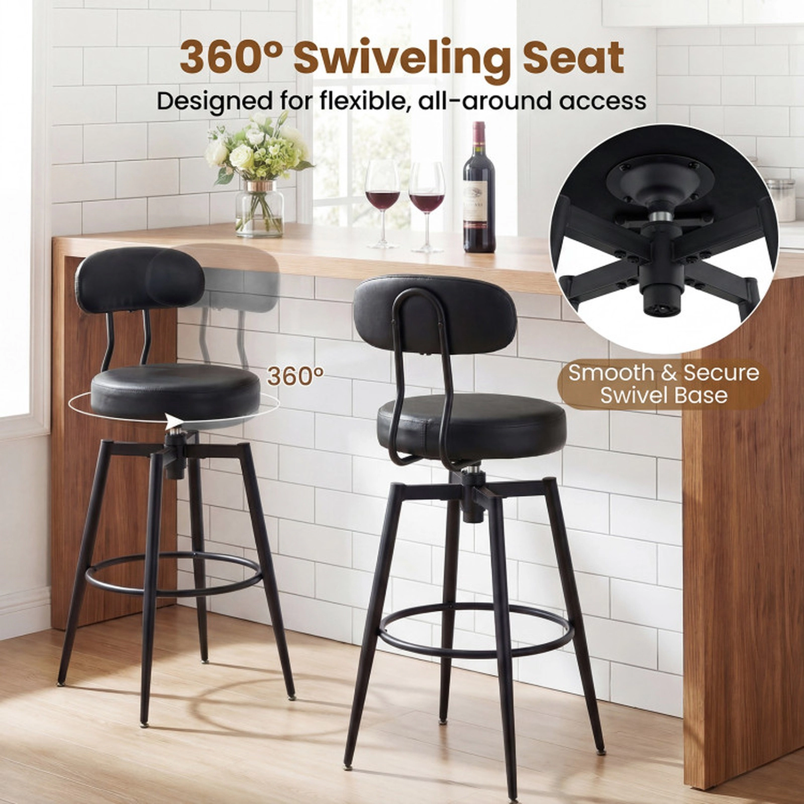 SUGIFT Black Upholstered Faux Leather Seat and Back Set of 4 Swivel Bar Stools
