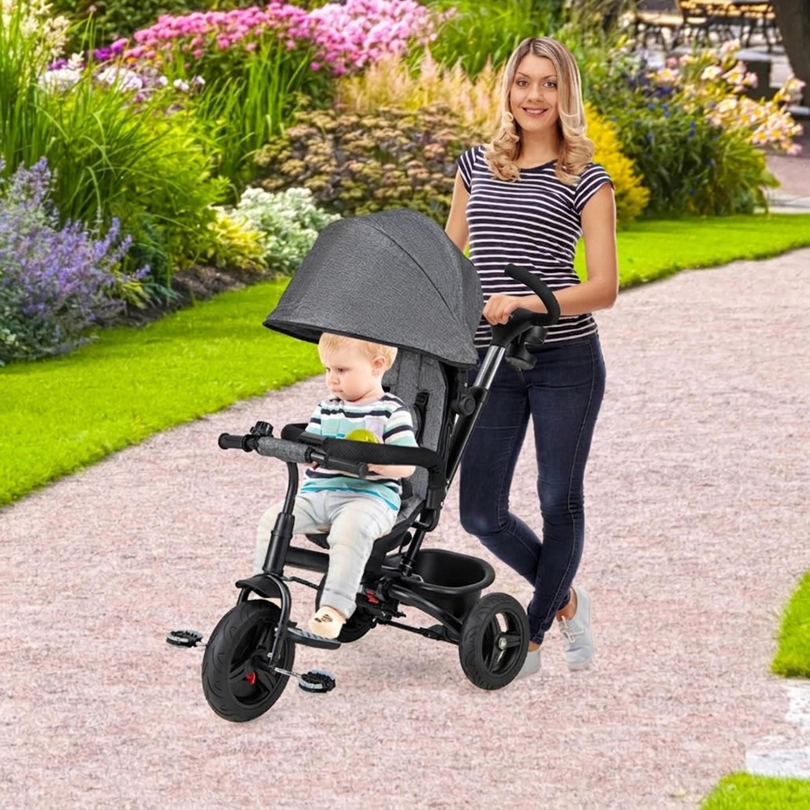 SUGIFT Toddler Gray 4-in-1 Tricycle with Reversible Seat and 5-Point Harness 30-in W 38-in H 55-lb Seat Capacity