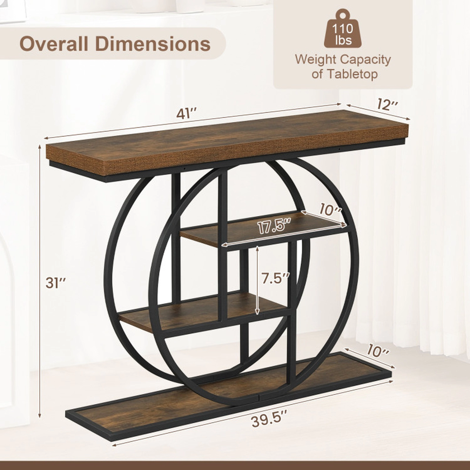 SUGIFT 4-Tier Console Table 41 x 12 in Entryway Table with Storage Shelves 110-lb Tabletop Capacity Rustic Brown & Black
