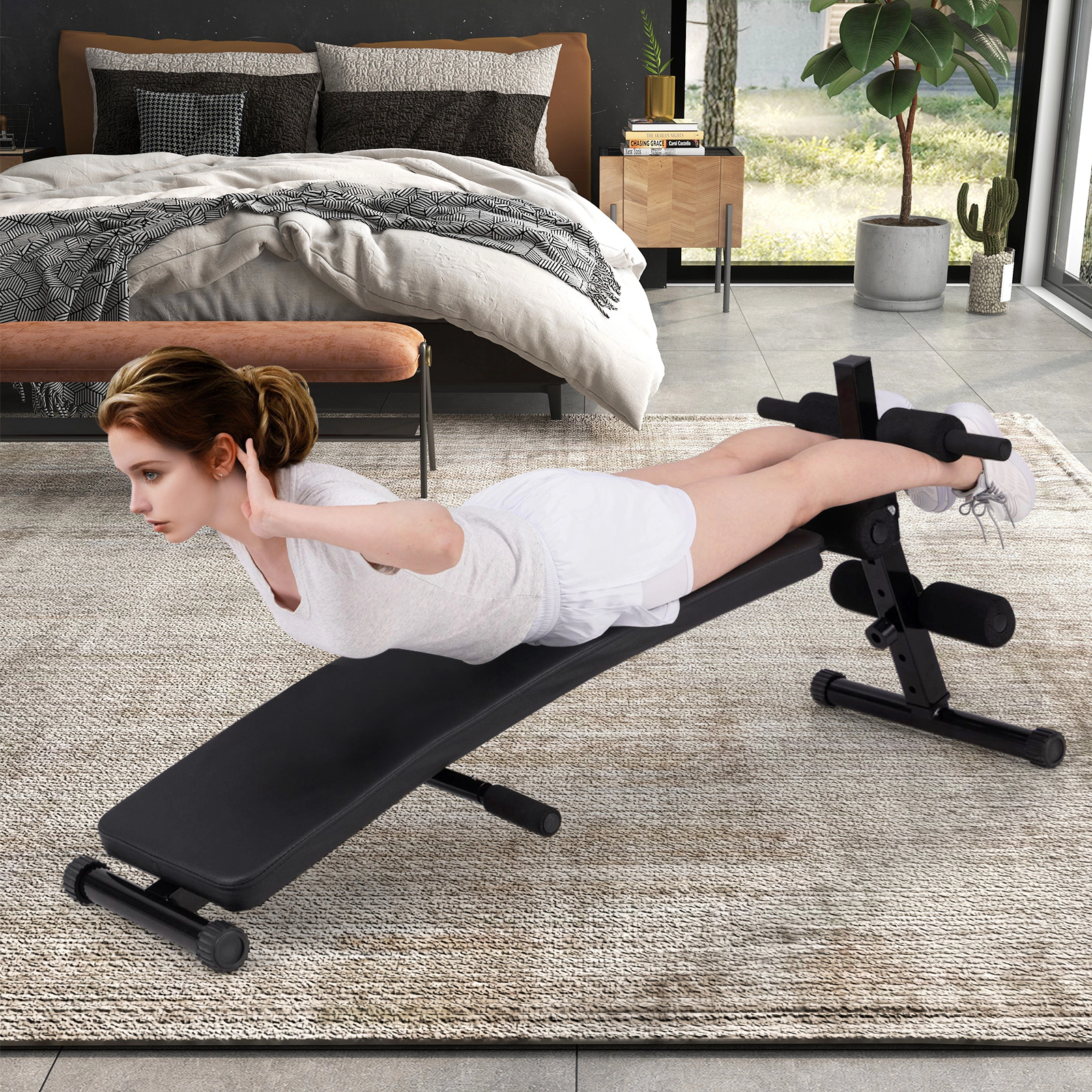 SUGIFT Adjustable Decline Sit Up Bench Push-Up Bar 5 Positions 21-27-in 300-lb Capacity 35.5 x 12-in Cushion Black