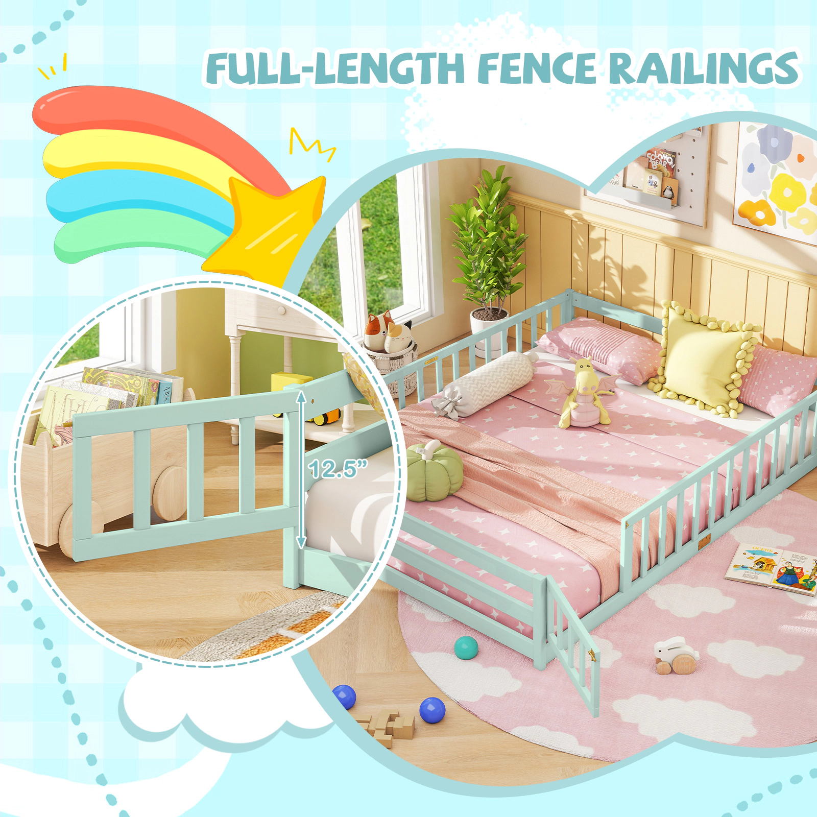 SUGIFT Queen Size Montessori Floor Bed Frame with Full-Length Safety Guardrails and Lockable Door Toddler Bed Green