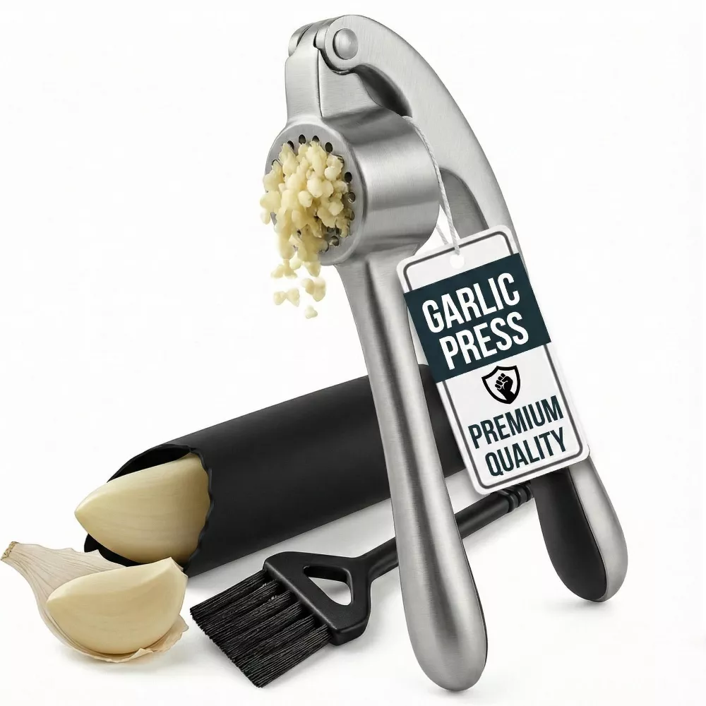 Luminuxe Garlic Press Set, Garlic Mincer w/ Silicone Peeler & Cleaning Brush, Easy Squeeze Ergonomic Handle, Rust Proof
