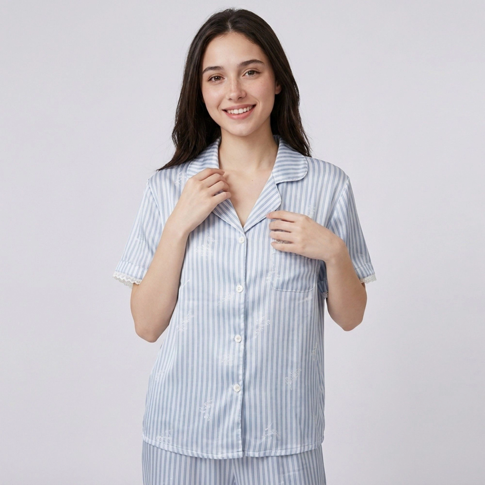Anna-Kaci Women's 2-Piece Striped Pajama Set with Short Sleeve Button Top and Wide Leg Pants